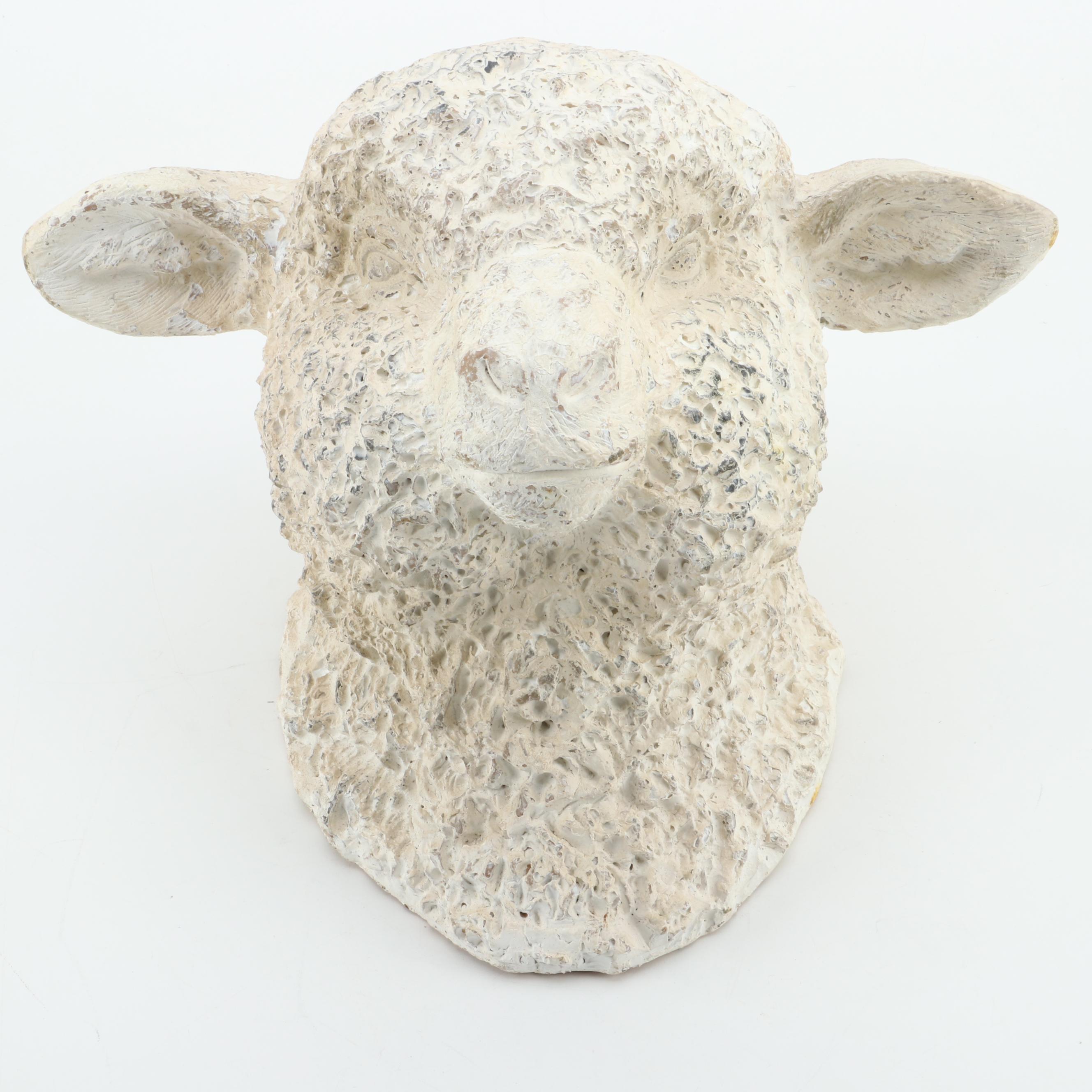 Plaster Wall Sculpture of a Sheep With Primitive Wood Box