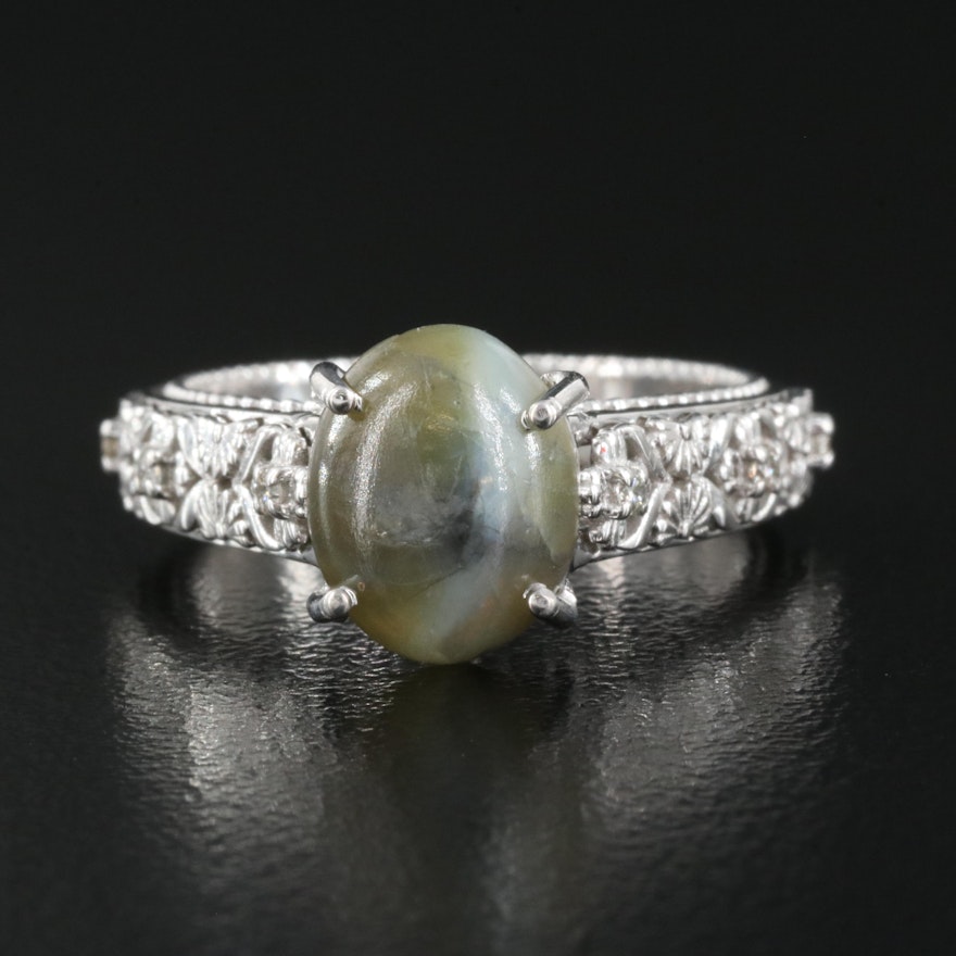 14K 3.25 CT Cat's Eye Chrysoberyl and Diamond Ring with GIA Report