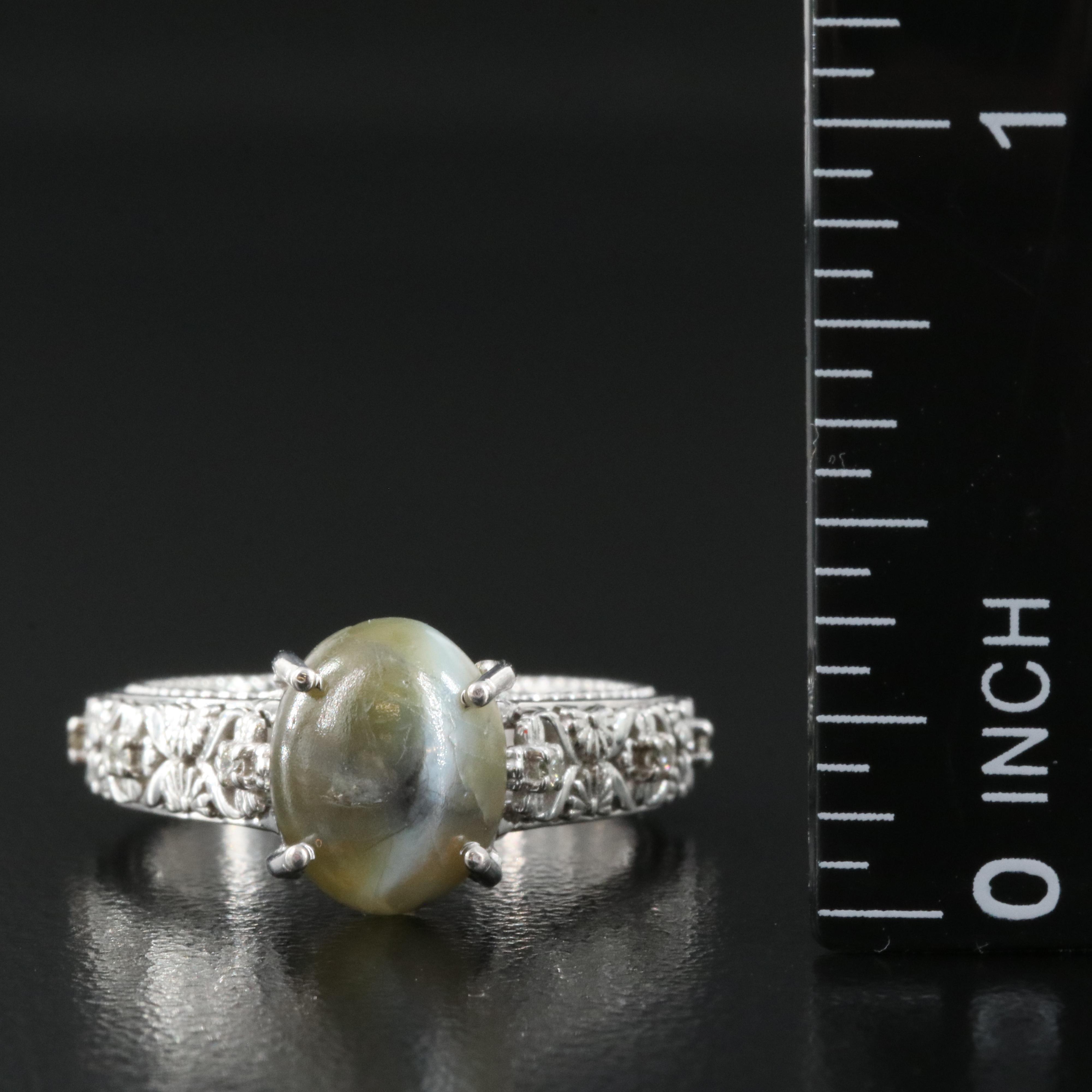 14K 3.25 CT Cat's Eye Chrysoberyl and Diamond Ring with GIA Report
