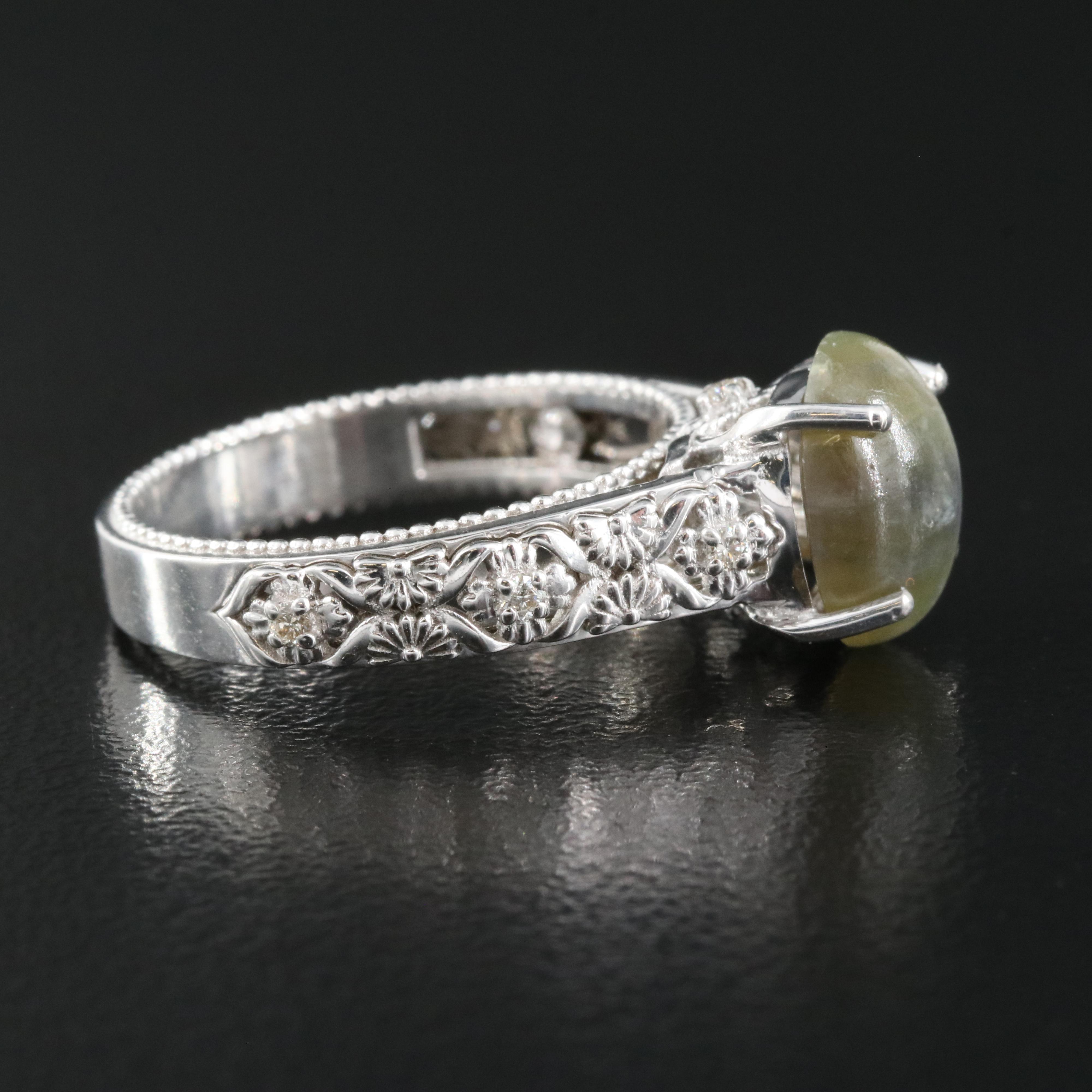 14K 3.25 CT Cat's Eye Chrysoberyl and Diamond Ring with GIA Report
