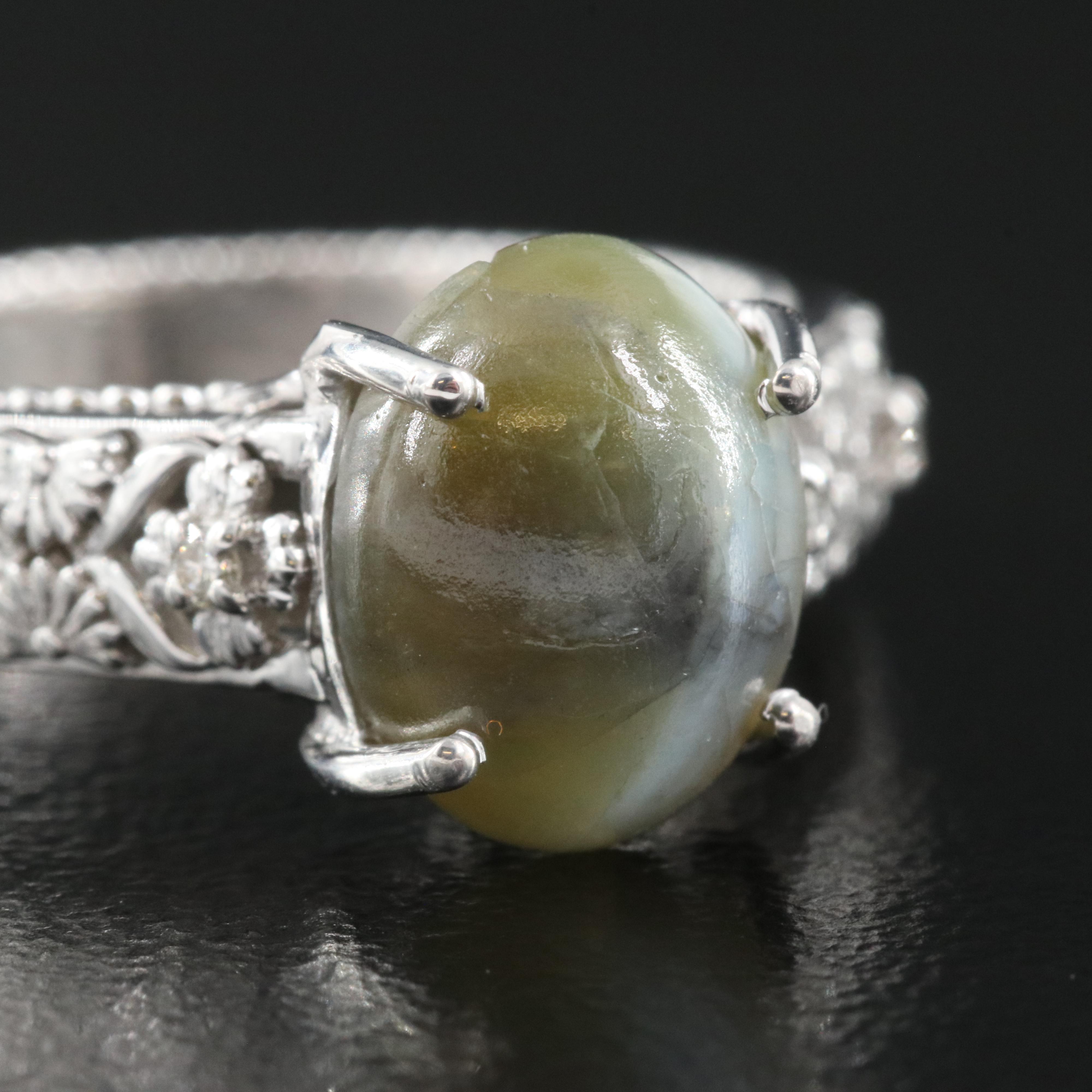 14K 3.25 CT Cat's Eye Chrysoberyl and Diamond Ring with GIA Report