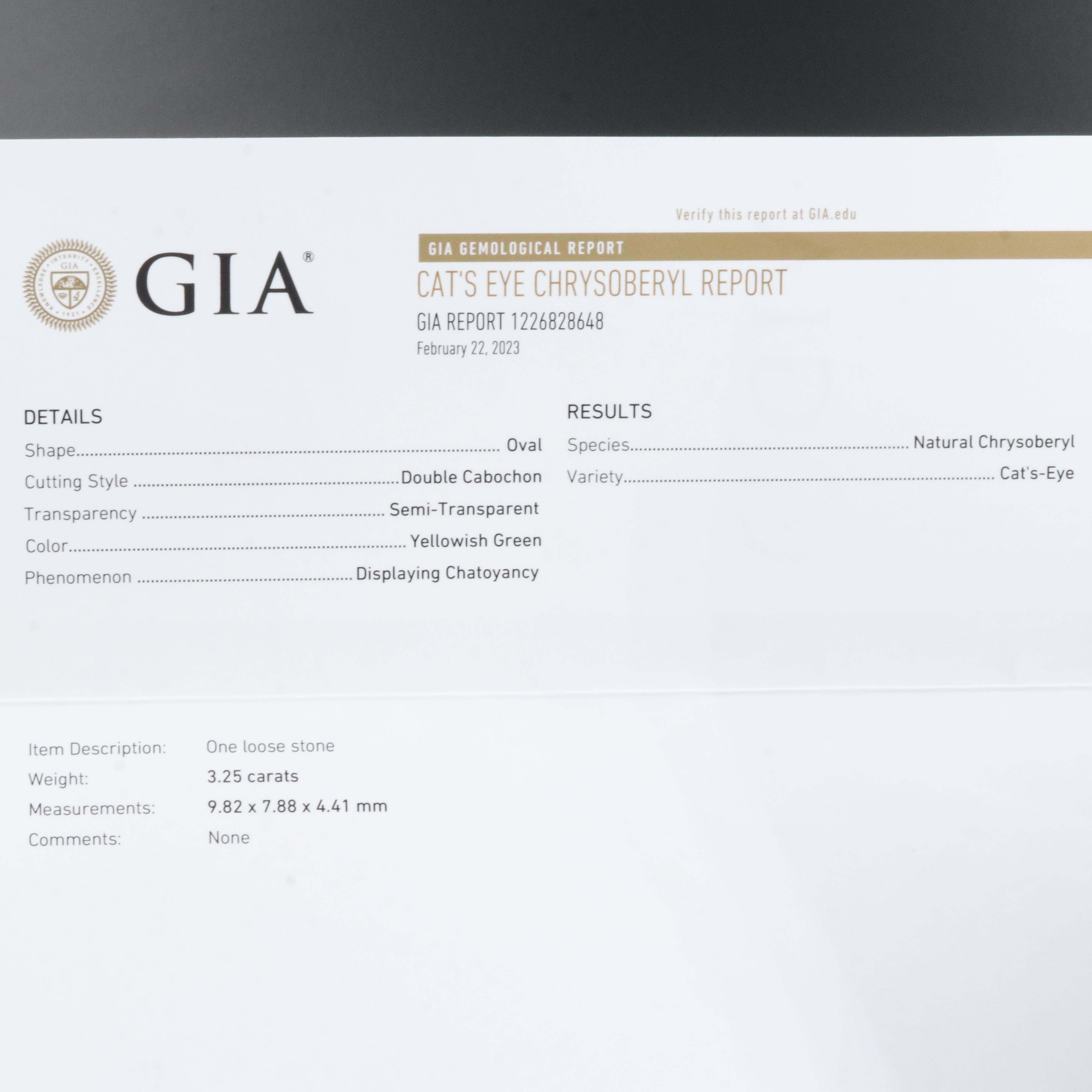 14K 3.25 CT Cat's Eye Chrysoberyl and Diamond Ring with GIA Report