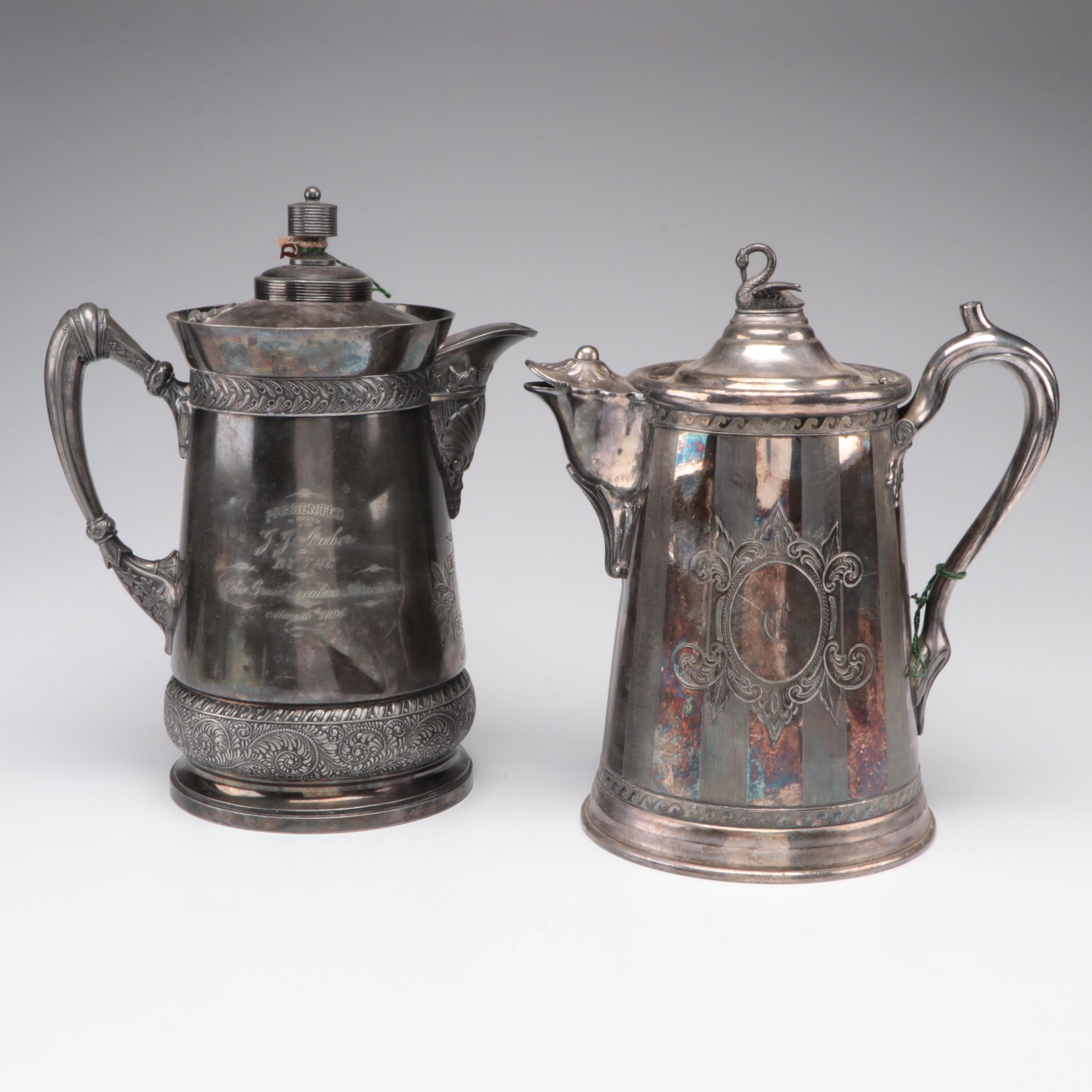 Victorian Silver Plate Pitchers with Biscuit Barrel and Warming Meat Platter