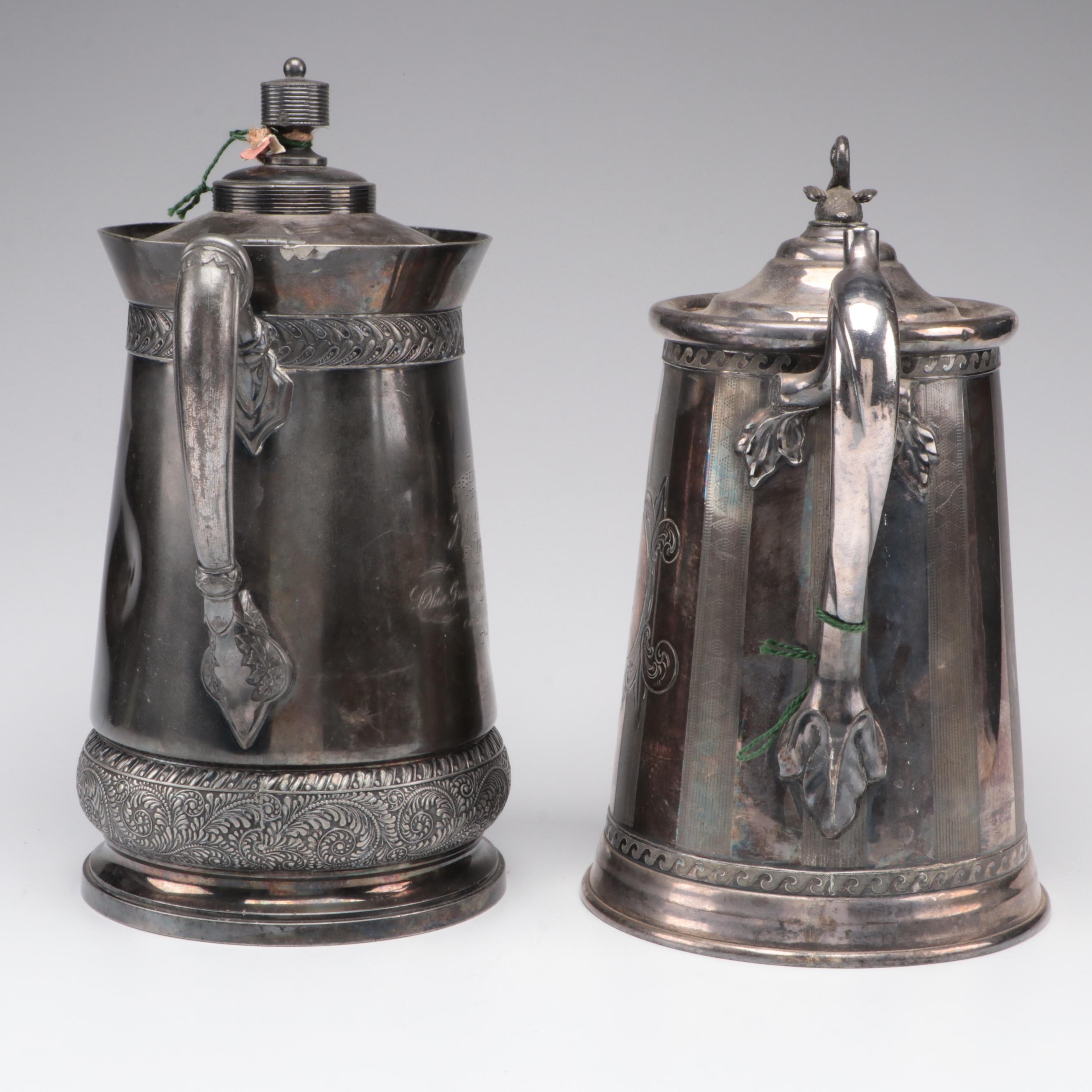 Victorian Silver Plate Pitchers with Biscuit Barrel and Warming Meat Platter