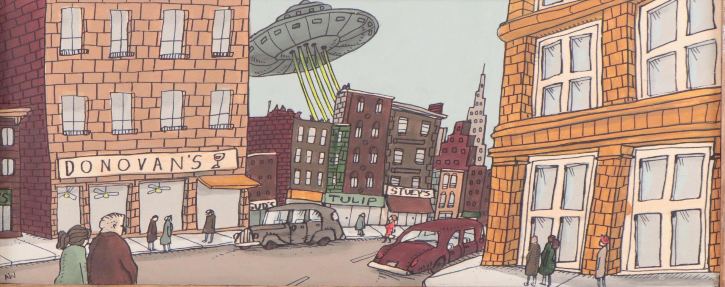 Aaron Wooten Acrylic and Ink Painting of Cityscape "Neptunian Attack #2," 2023