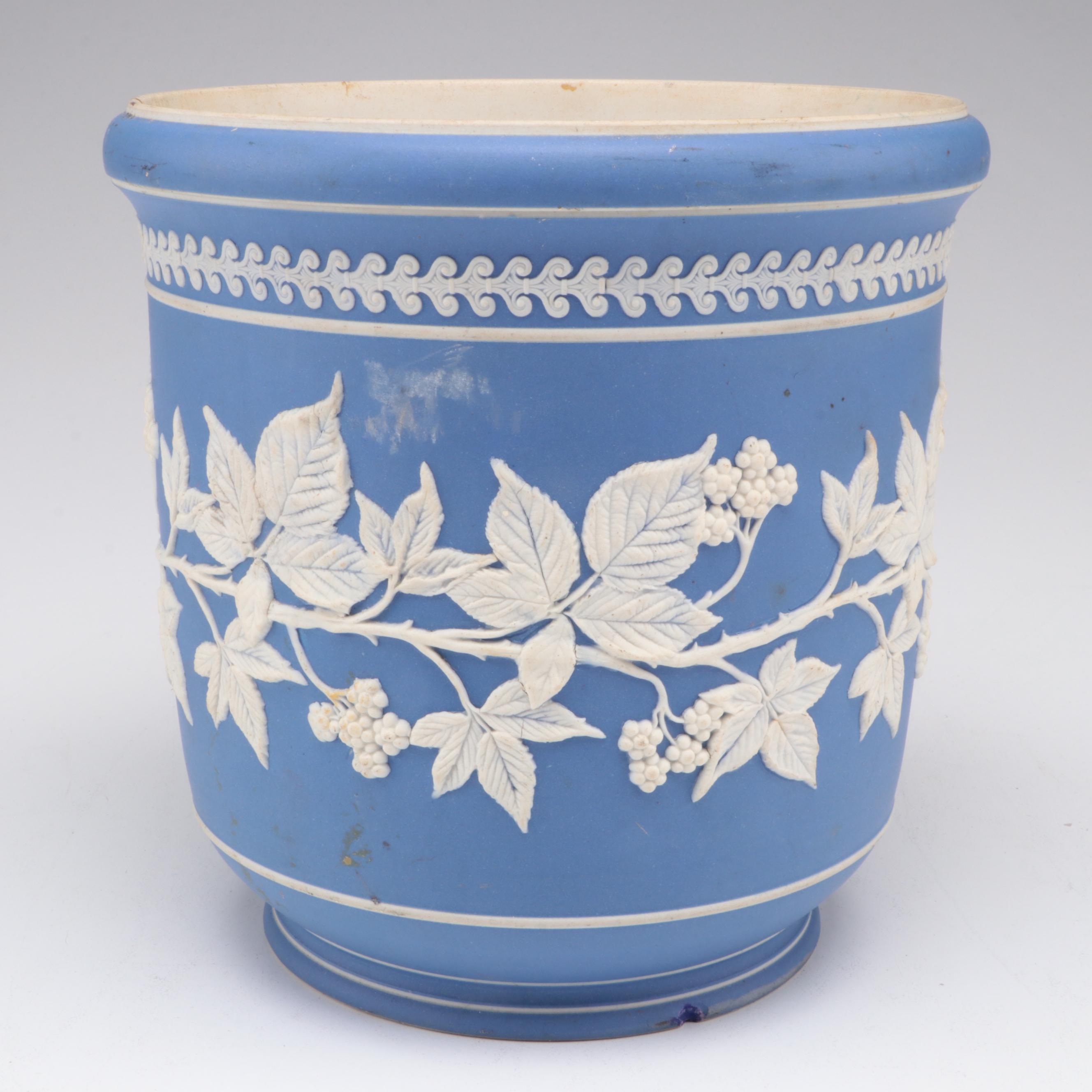 Wedgwood Blue Jasperware Cachepot with Pair of Resin Bird Figurines