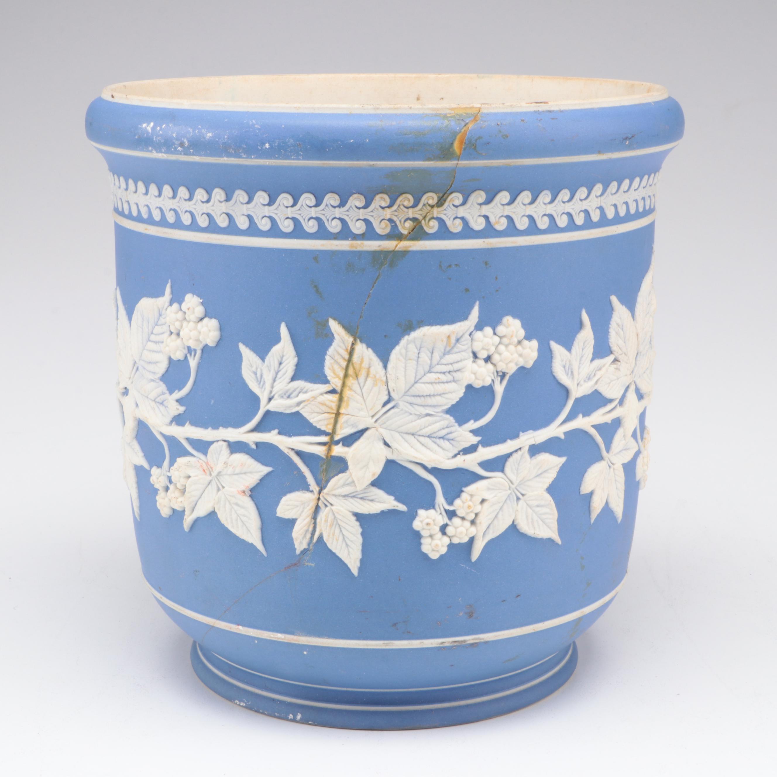 Wedgwood Blue Jasperware Cachepot with Pair of Resin Bird Figurines