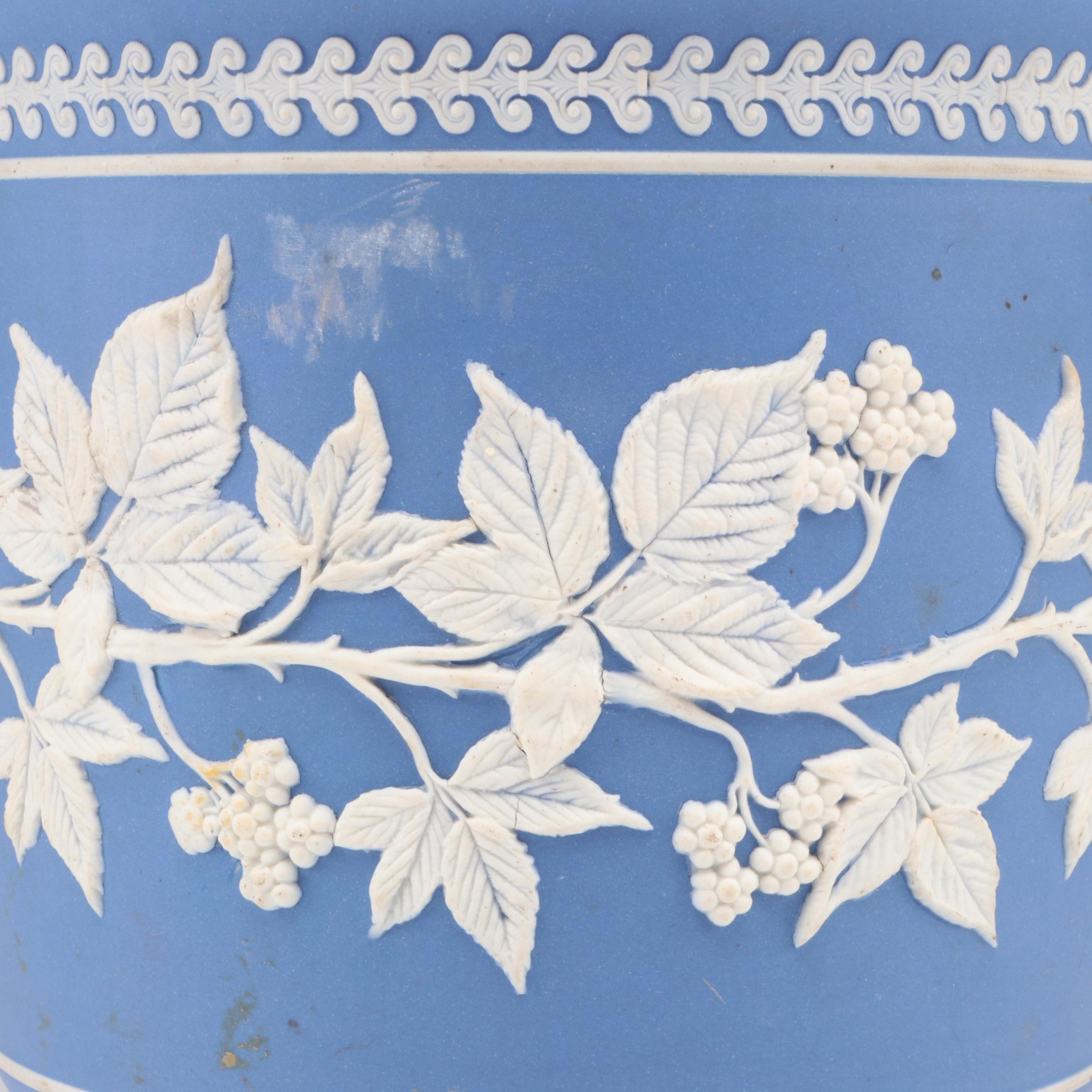 Wedgwood Blue Jasperware Cachepot with Pair of Resin Bird Figurines