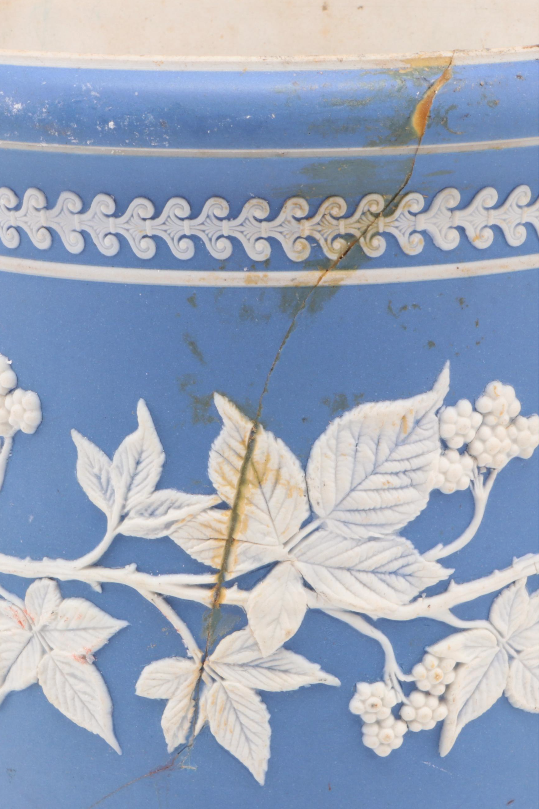 Wedgwood Blue Jasperware Cachepot with Pair of Resin Bird Figurines