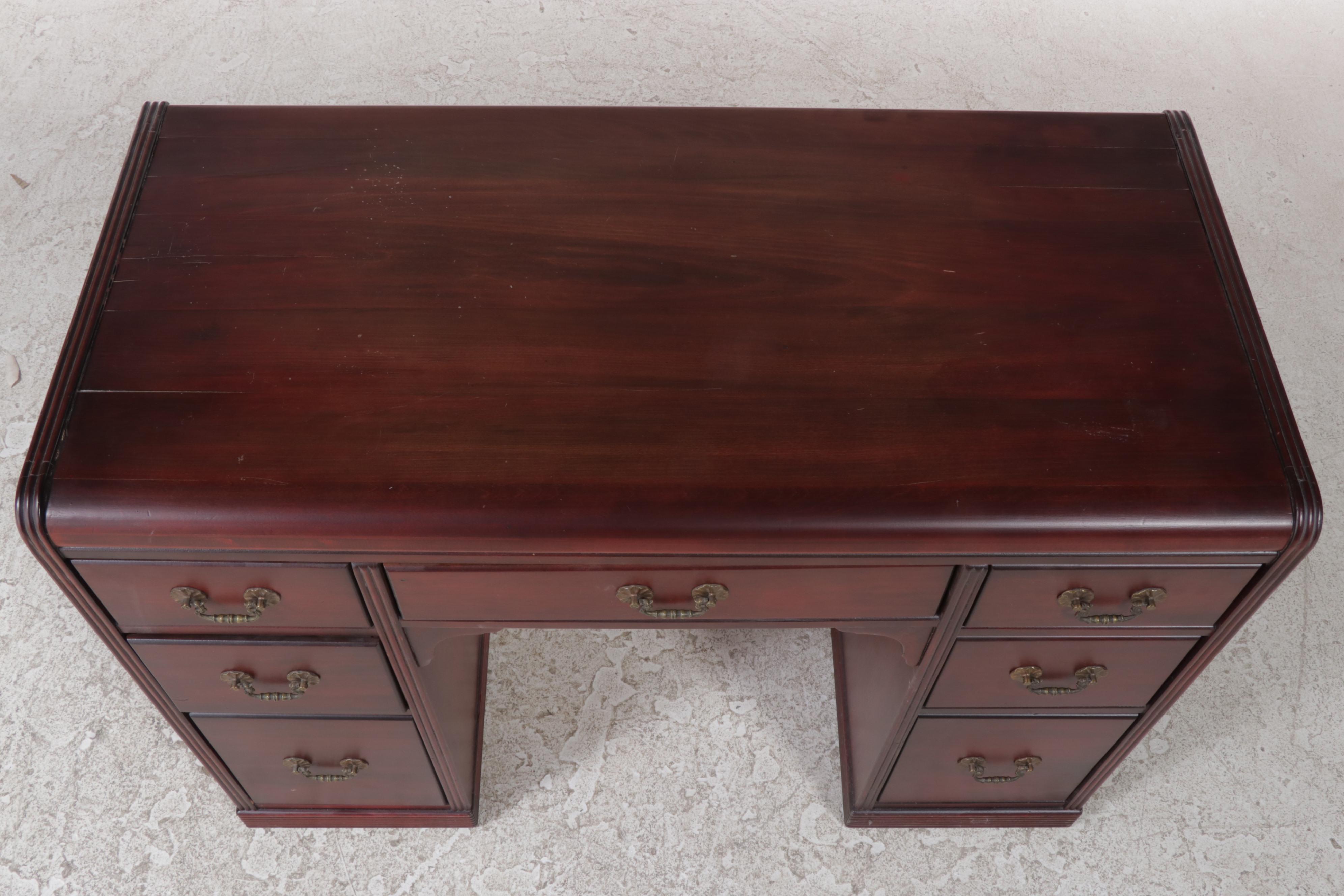 Federal Style Mahogany-Stained Kneehole Desk Plus Brass-Patinated Side Chair