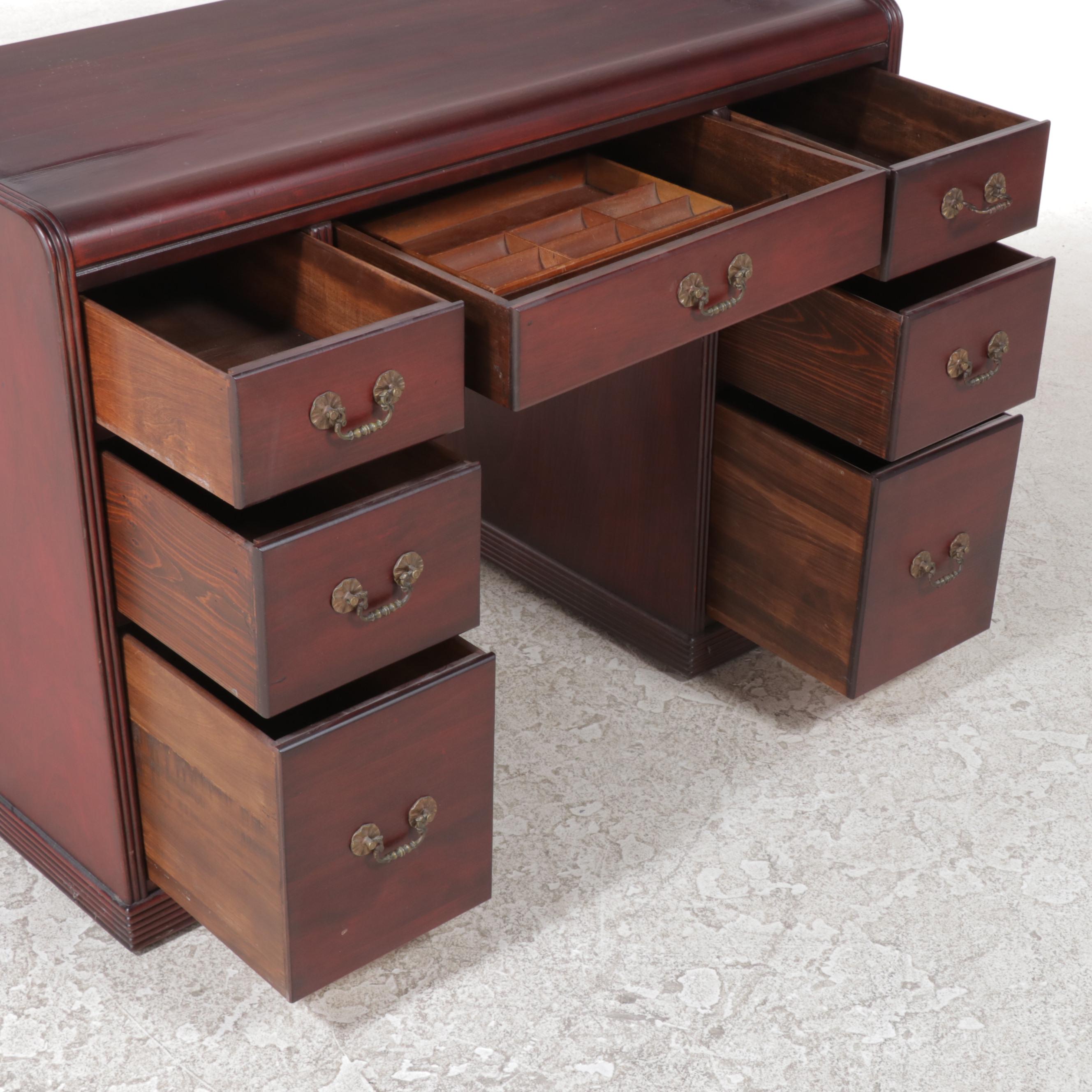 Federal Style Mahogany-Stained Kneehole Desk Plus Brass-Patinated Side Chair