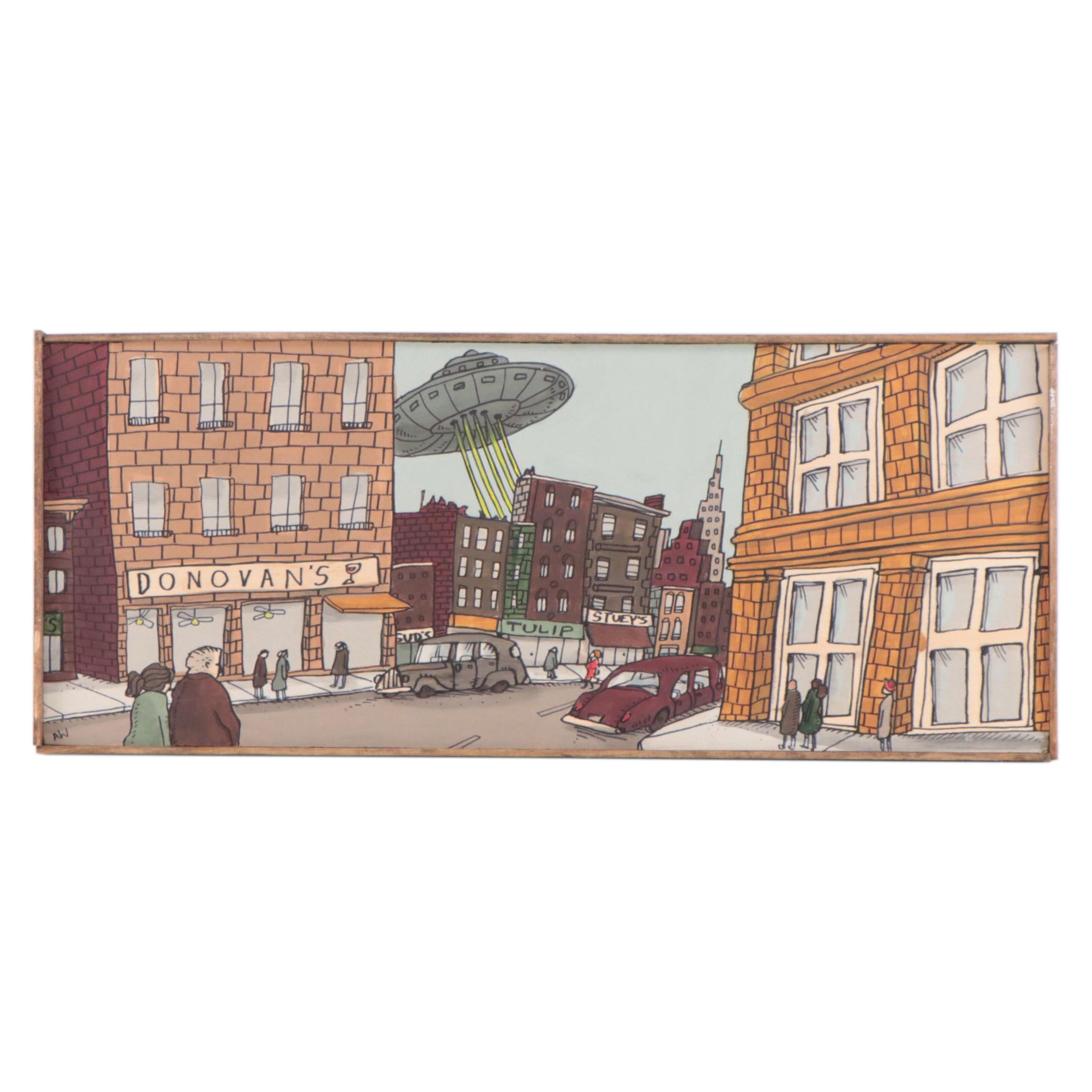 Aaron Wooten Acrylic and Ink Painting of Cityscape "Neptunian Attack #2," 2023