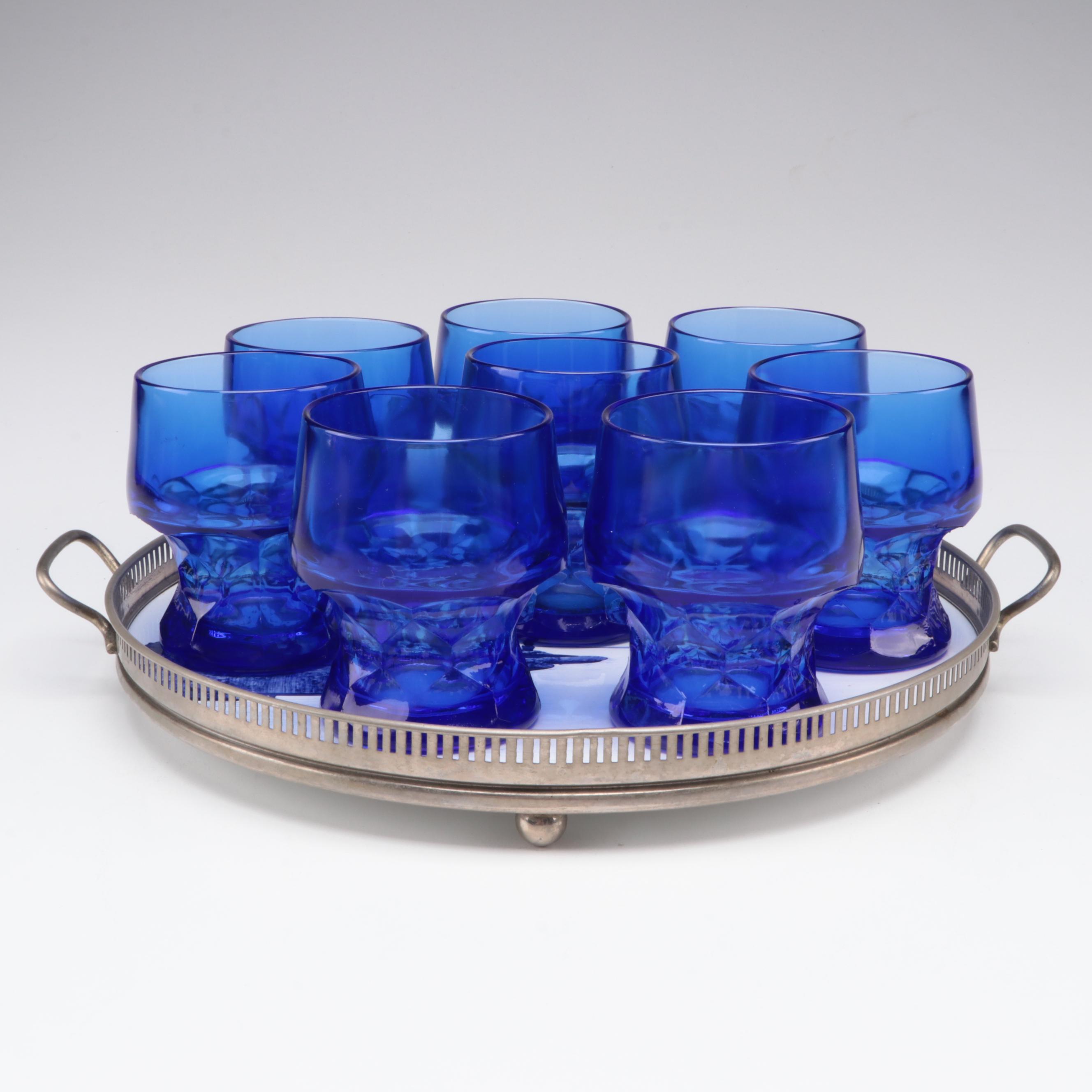 Cobalt Pressed Glass Tumblers with Delft Style Harbor Scene Enameled Metal Tray