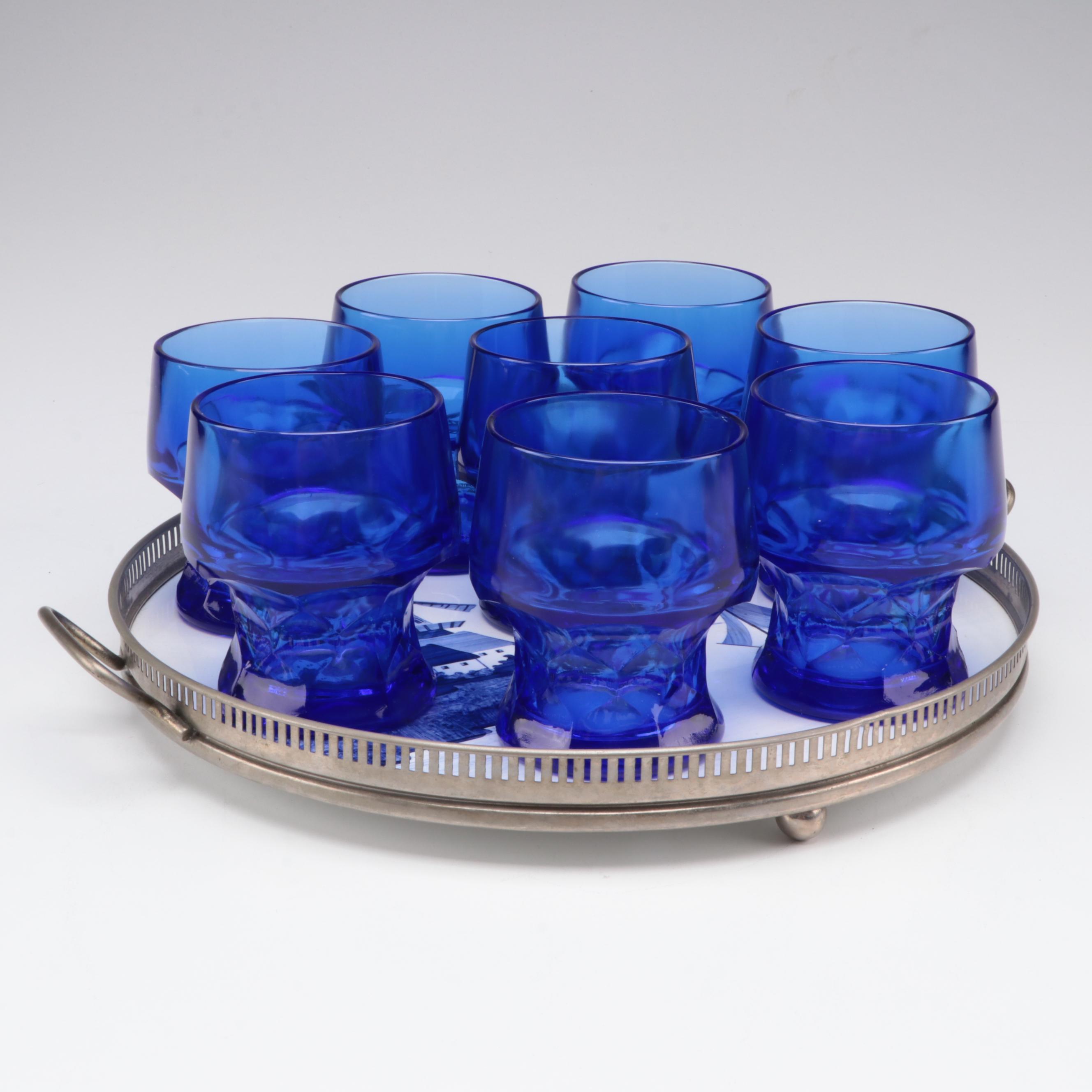 Cobalt Pressed Glass Tumblers with Delft Style Harbor Scene Enameled Metal Tray