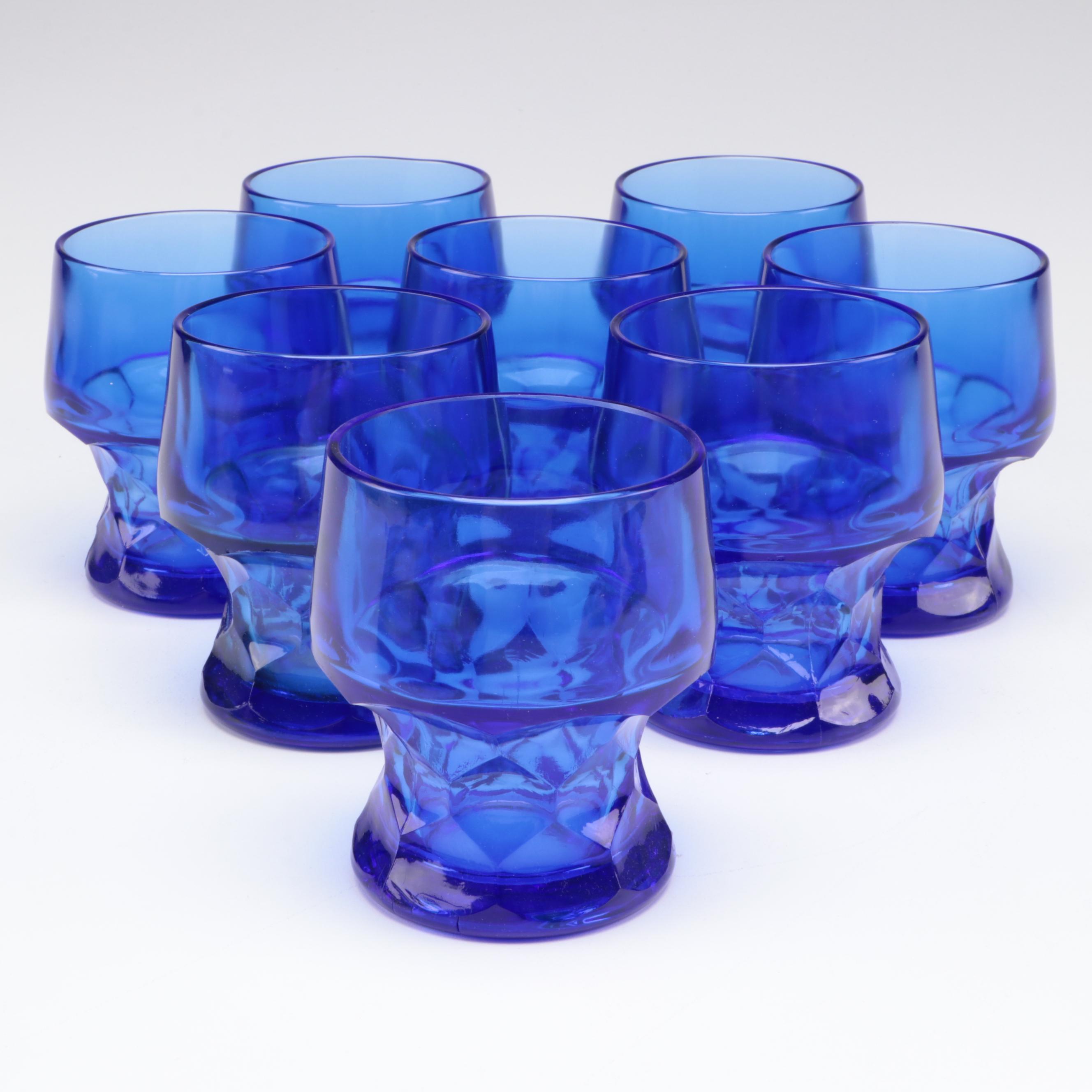 Cobalt Pressed Glass Tumblers with Delft Style Harbor Scene Enameled Metal Tray