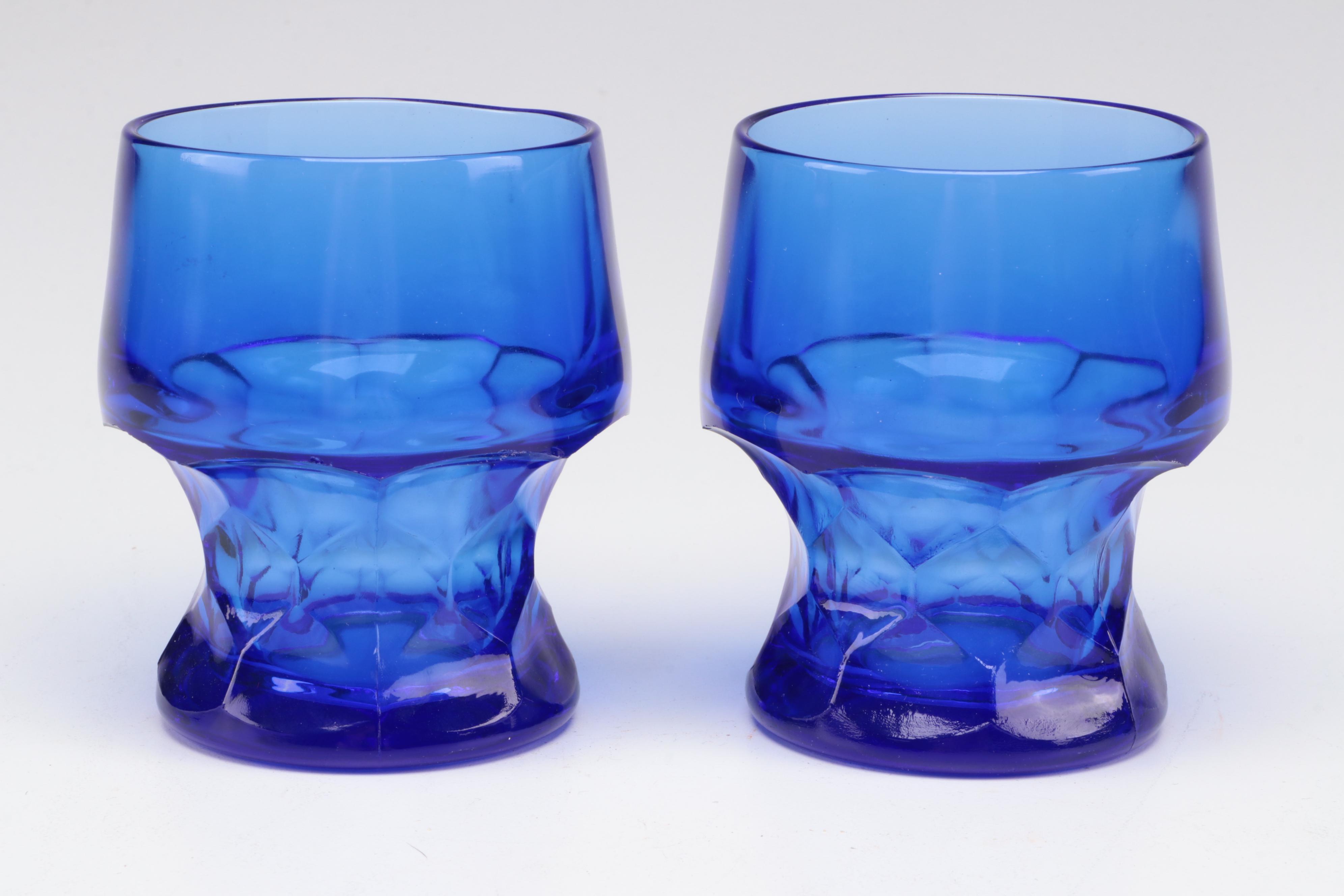 Cobalt Pressed Glass Tumblers with Delft Style Harbor Scene Enameled Metal Tray