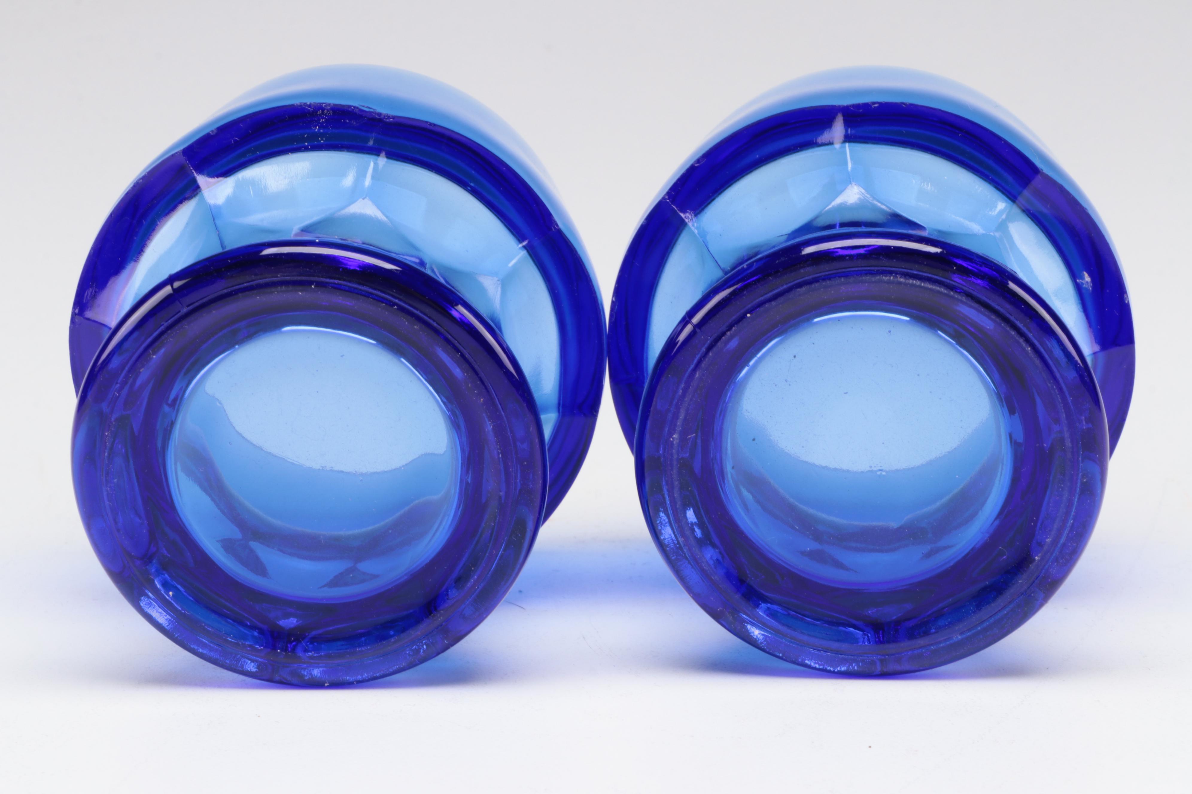 Cobalt Pressed Glass Tumblers with Delft Style Harbor Scene Enameled Metal Tray