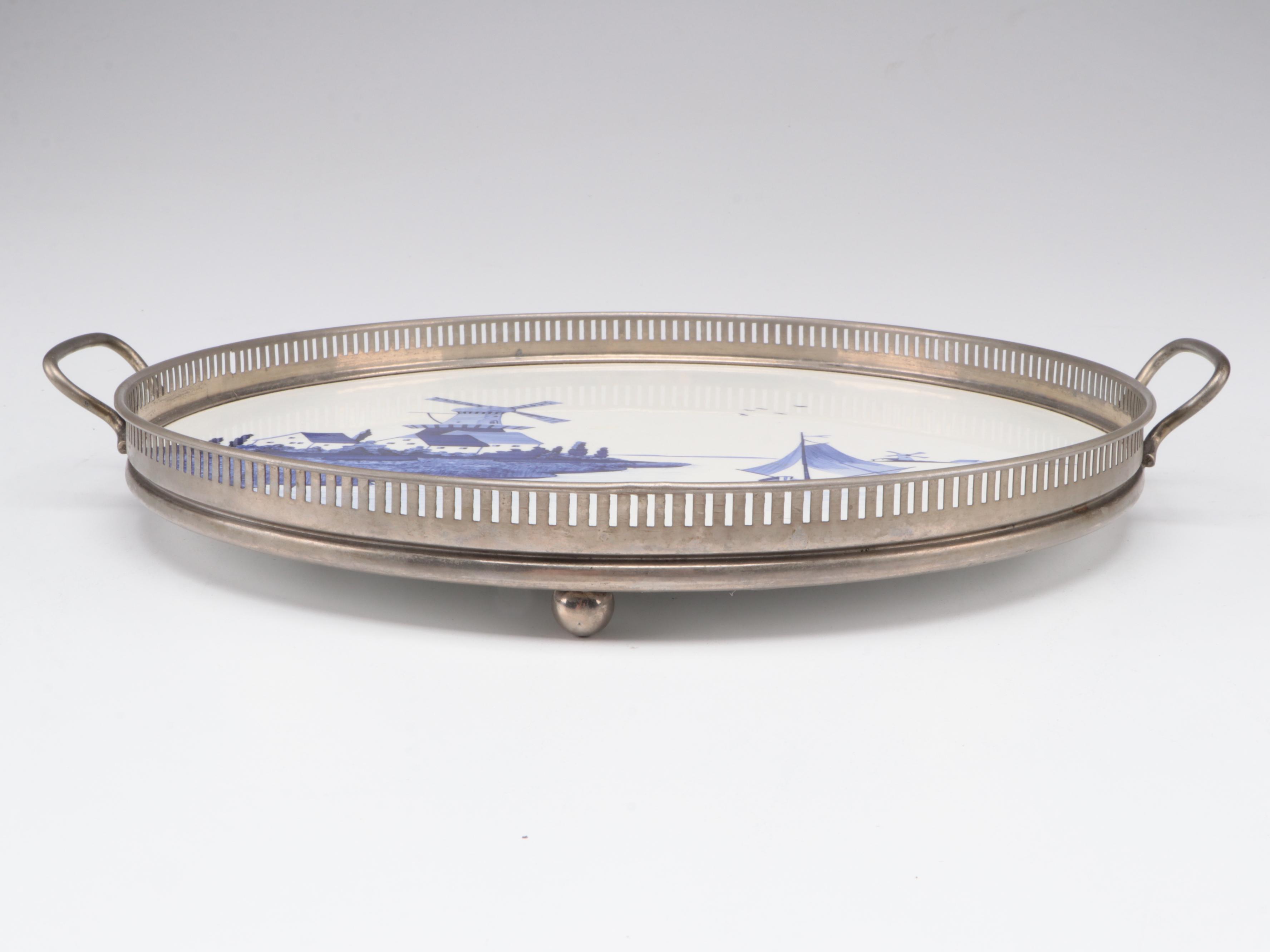 Cobalt Pressed Glass Tumblers with Delft Style Harbor Scene Enameled Metal Tray