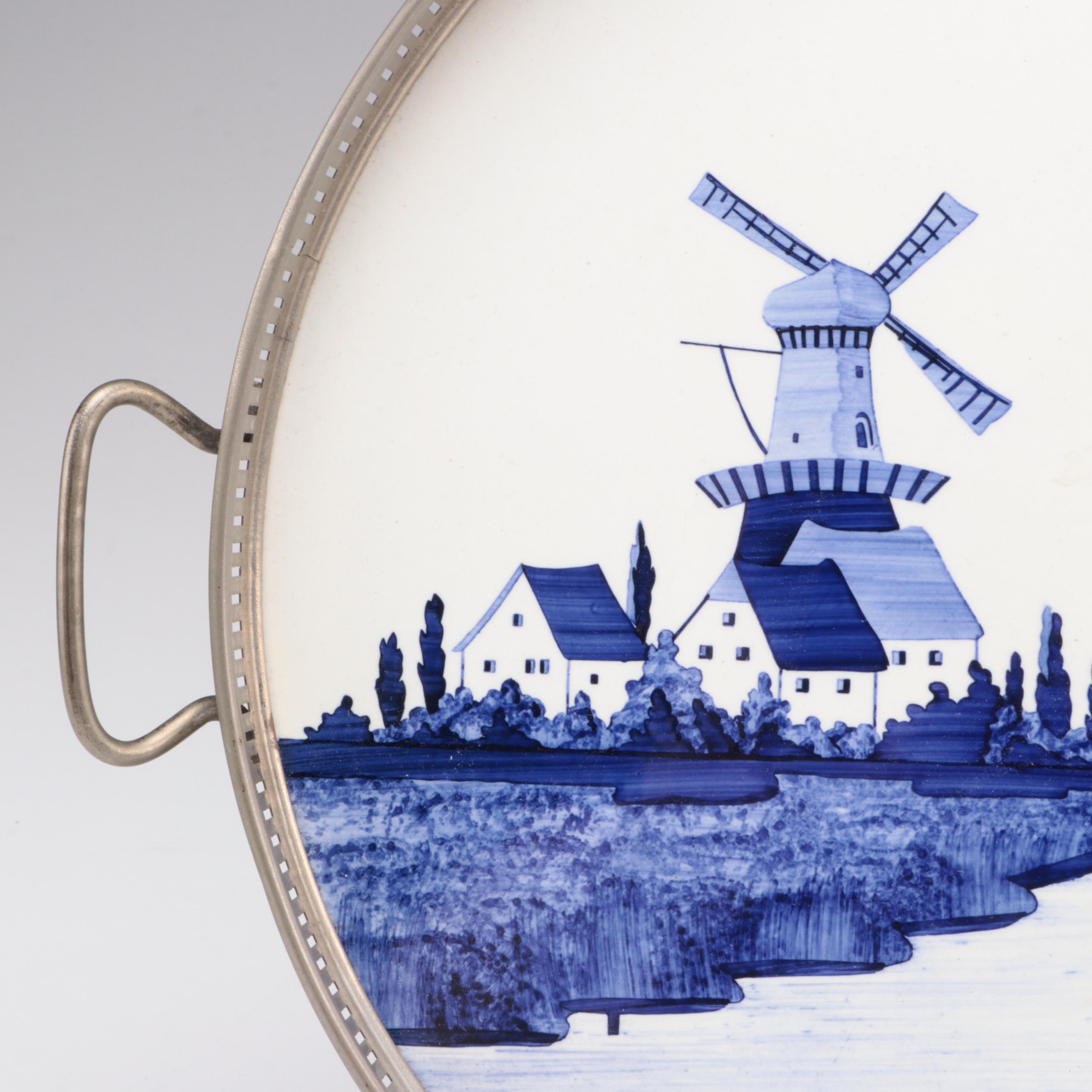 Cobalt Pressed Glass Tumblers with Delft Style Harbor Scene Enameled Metal Tray