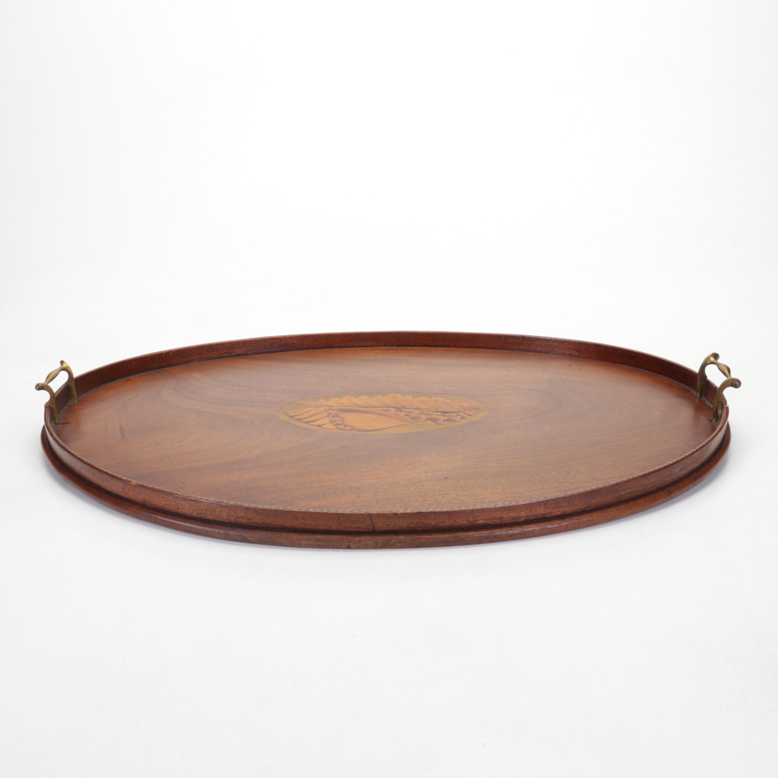 English Mahogany Gallery Tray with Marquetry Seashell Inlay, Late 19th Century