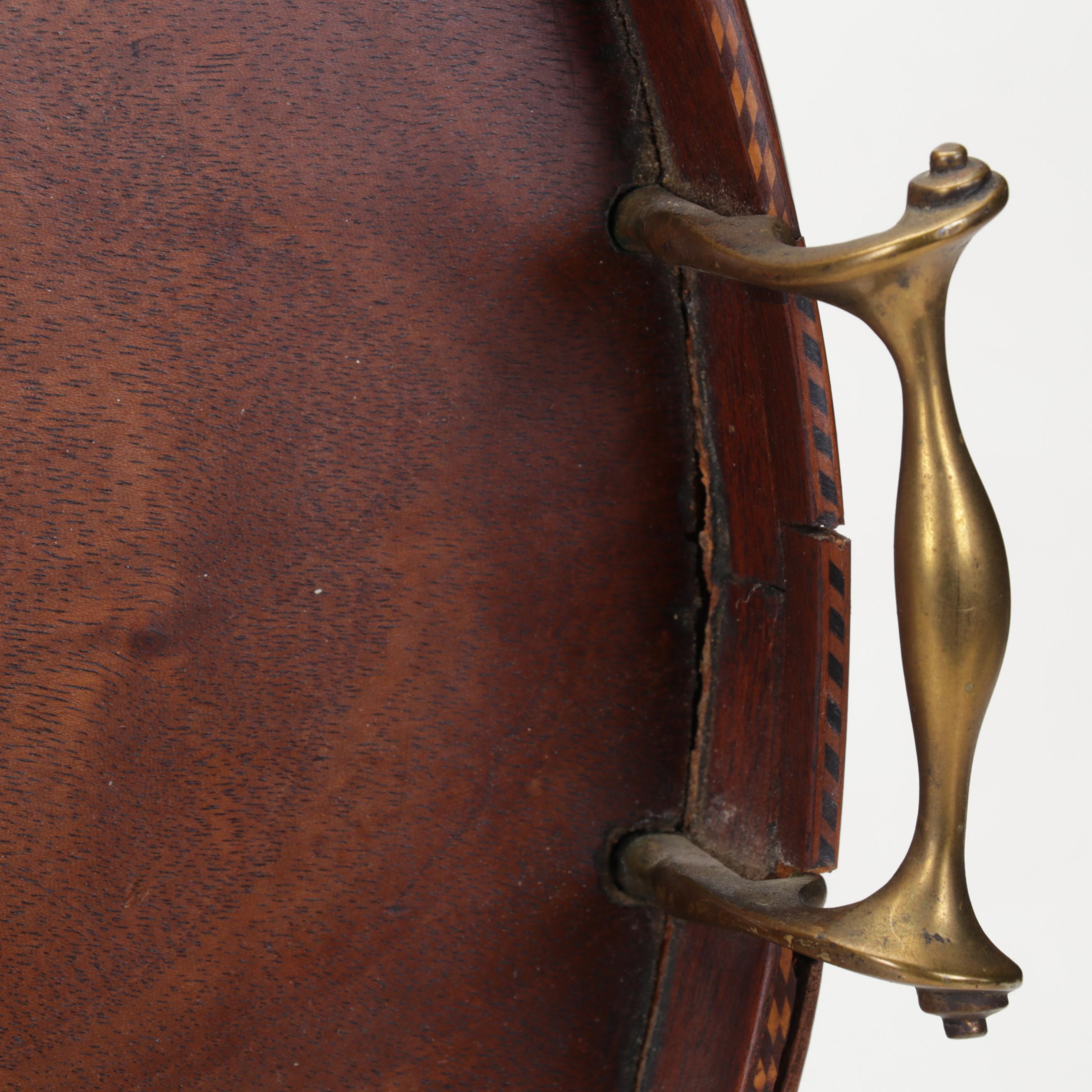 English Mahogany Gallery Tray with Marquetry Seashell Inlay, Late 19th Century