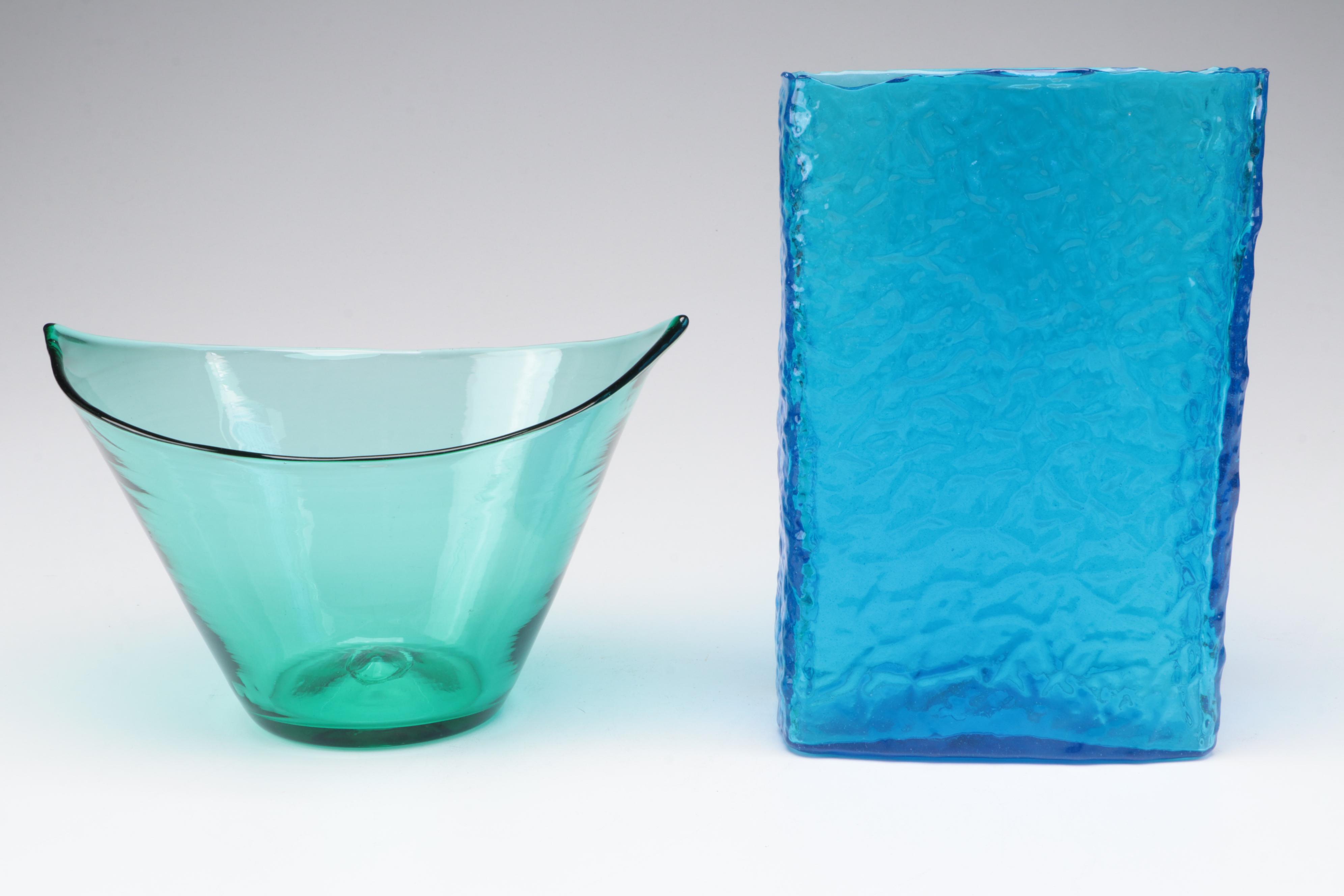 Crackle Glass and Other Blue Glass Vases and Centerpiece Bowls
