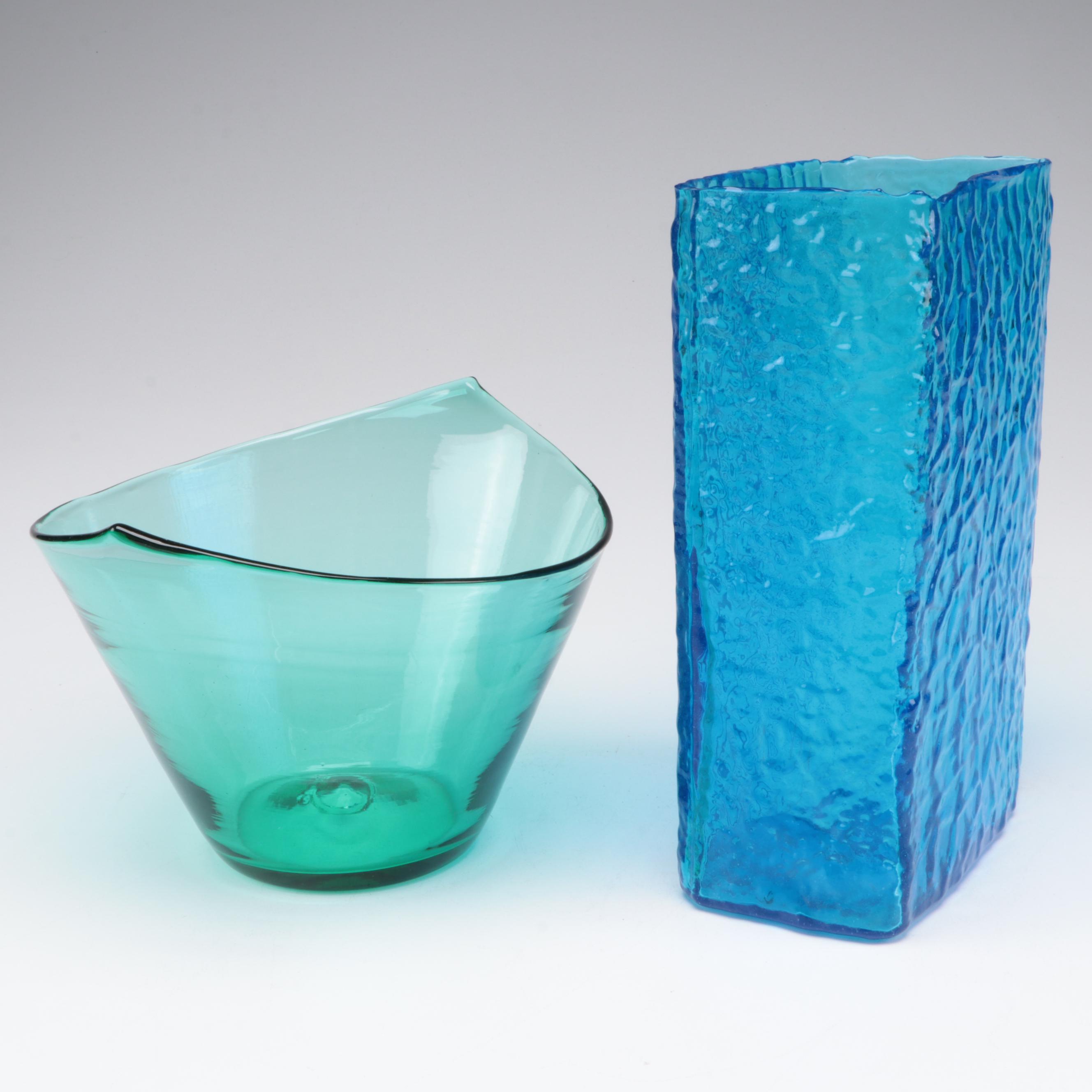 Crackle Glass and Other Blue Glass Vases and Centerpiece Bowls