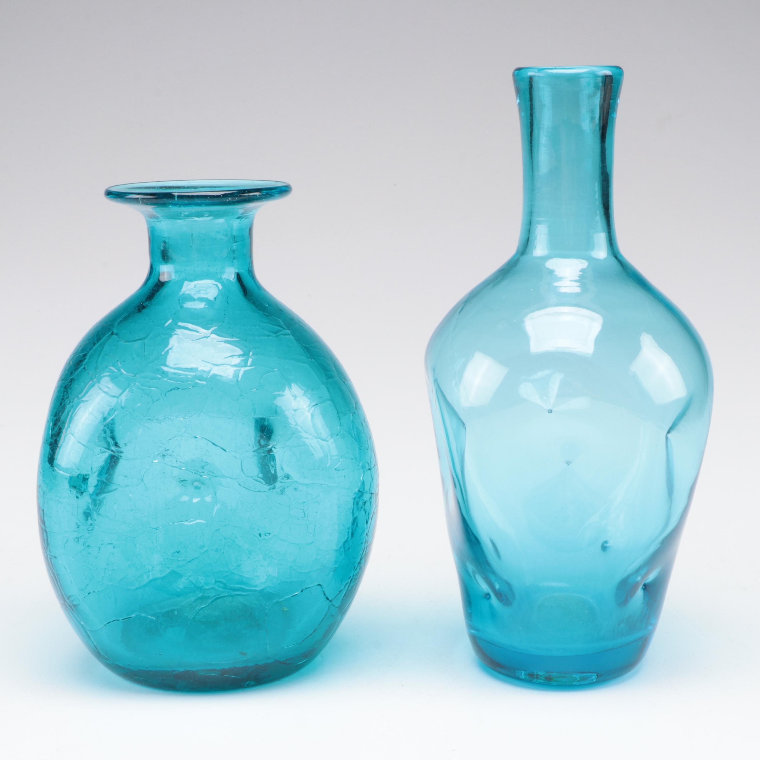 Crackle Glass and Other Blue Glass Vases and Centerpiece Bowls