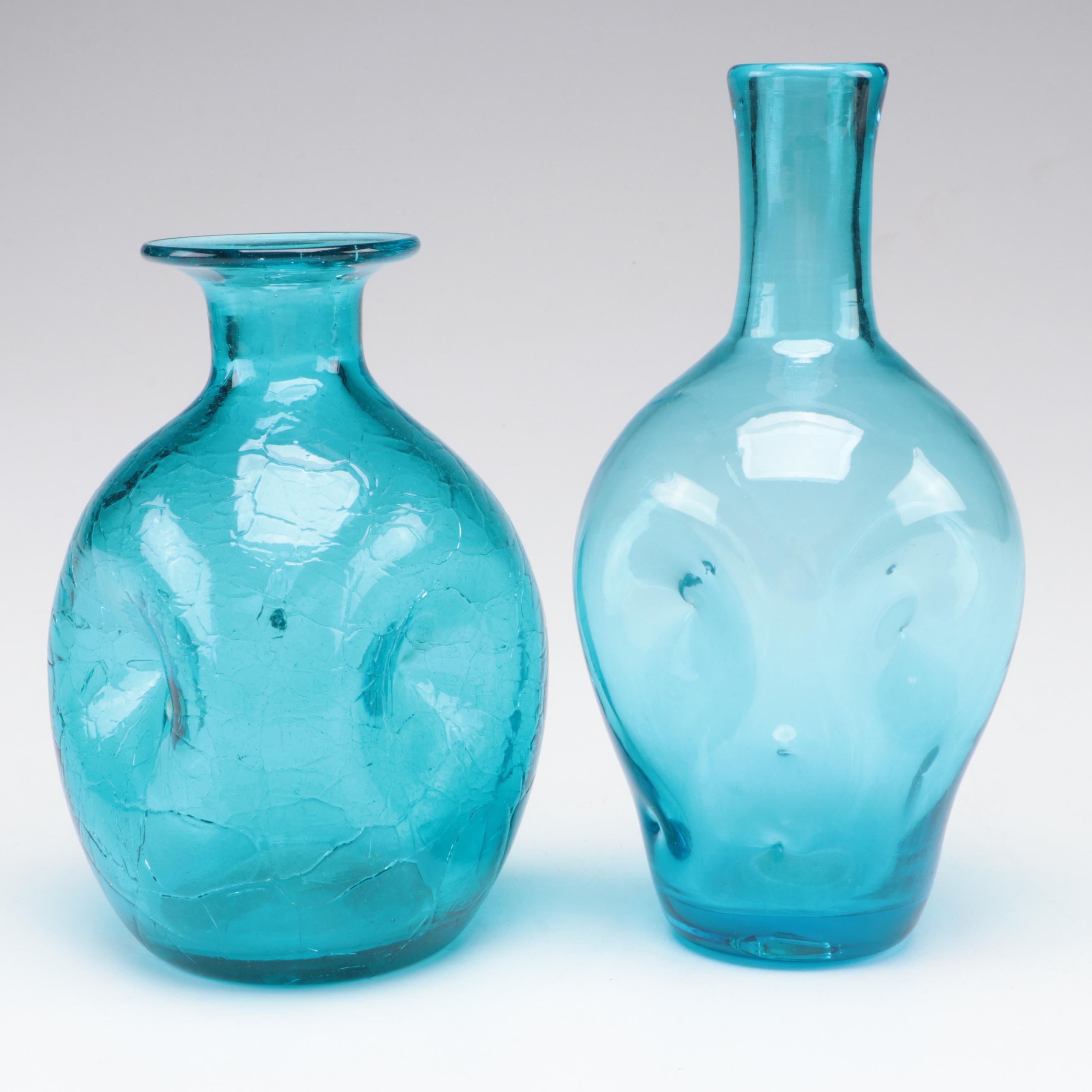 Crackle Glass and Other Blue Glass Vases and Centerpiece Bowls