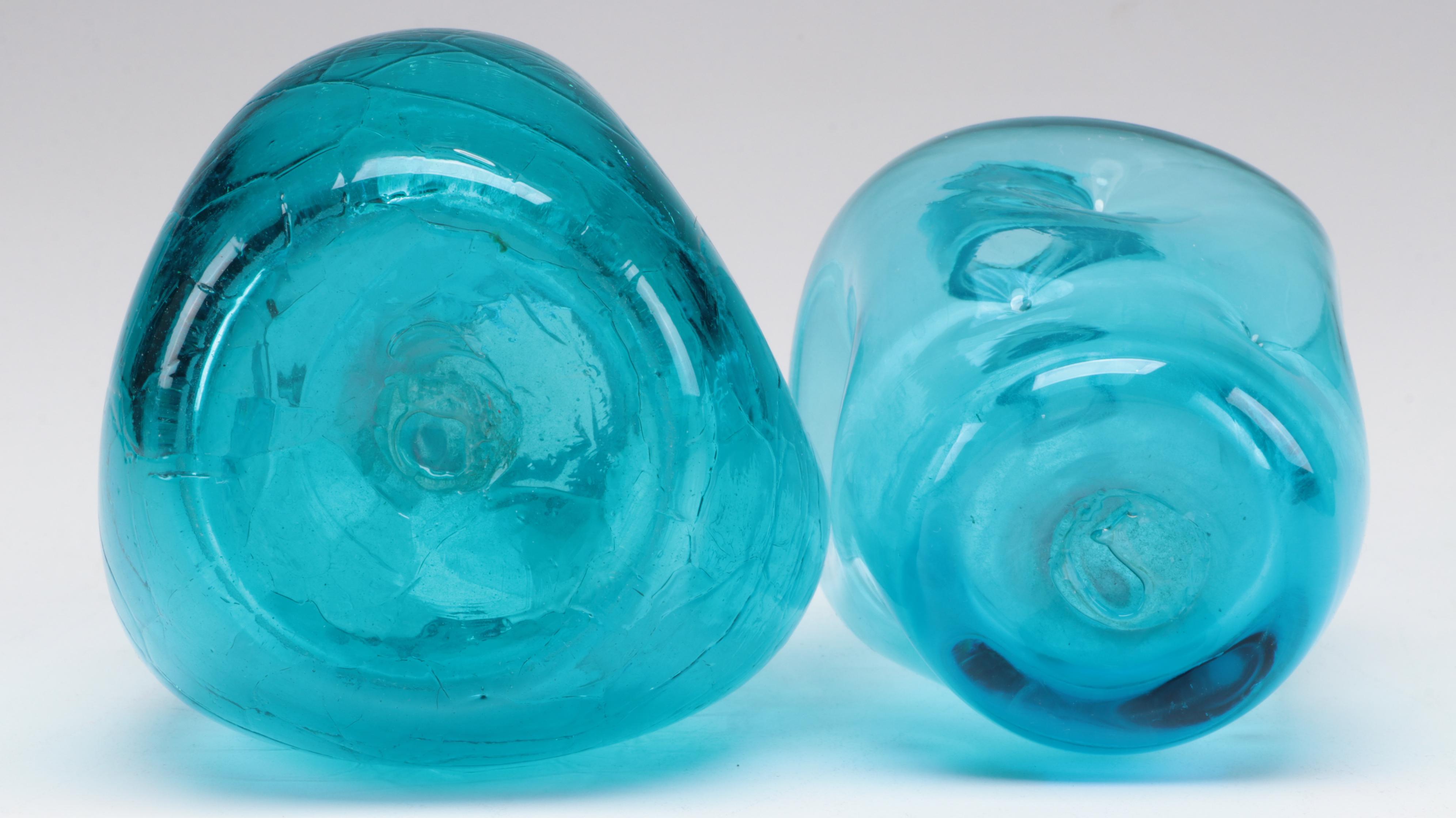 Crackle Glass and Other Blue Glass Vases and Centerpiece Bowls