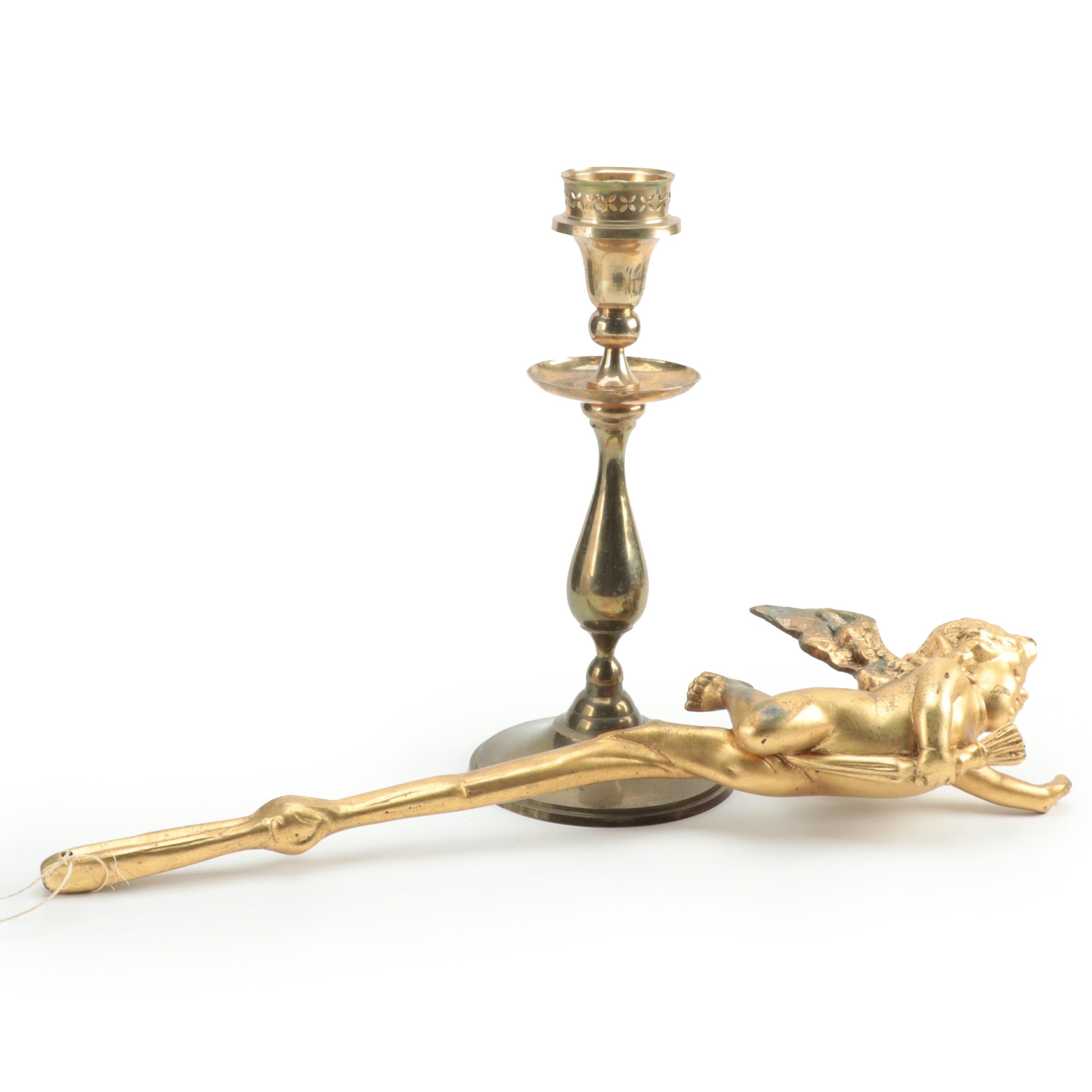 Brass Candle Holder with Gilt Cast Resin Cherub Scepter