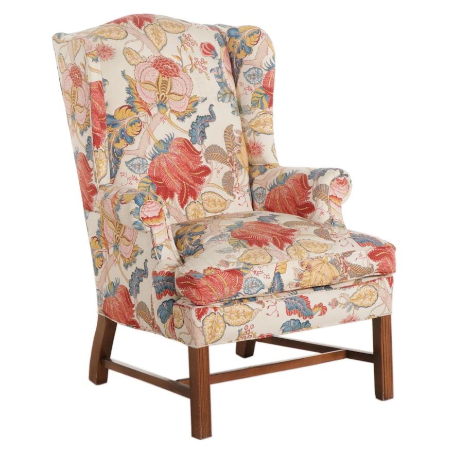 Lee Industries Chippendale Style Wingback Chair in Quilted Print Upholstery