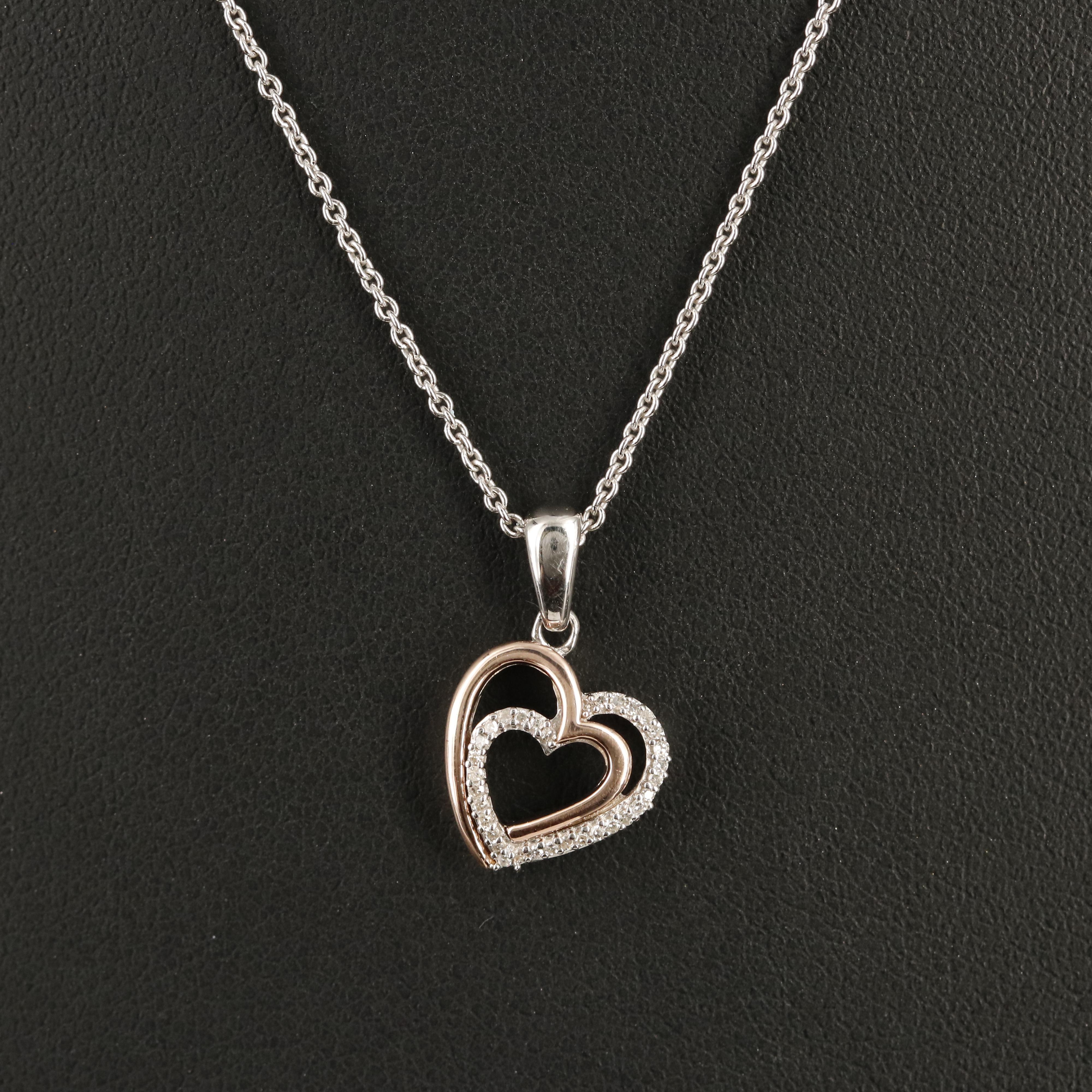 Sterling Diamond Heart Pendant Necklace with 10K Rose Gold Accent