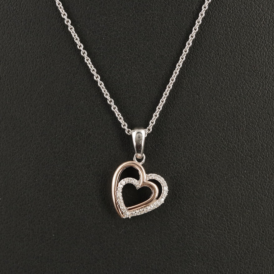 Sterling Diamond Heart Pendant Necklace with 10K Rose Gold Accent