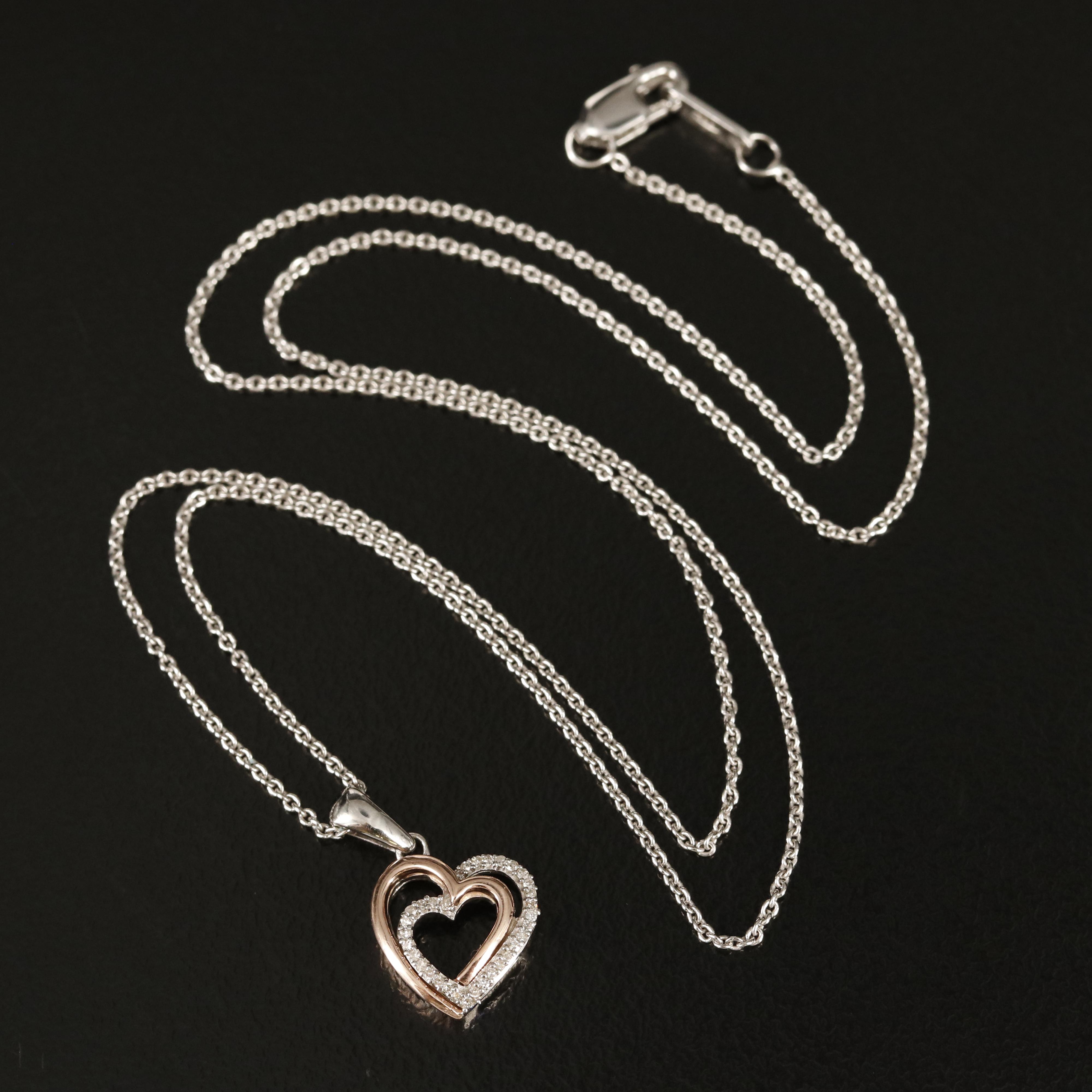 Sterling Diamond Heart Pendant Necklace with 10K Rose Gold Accent