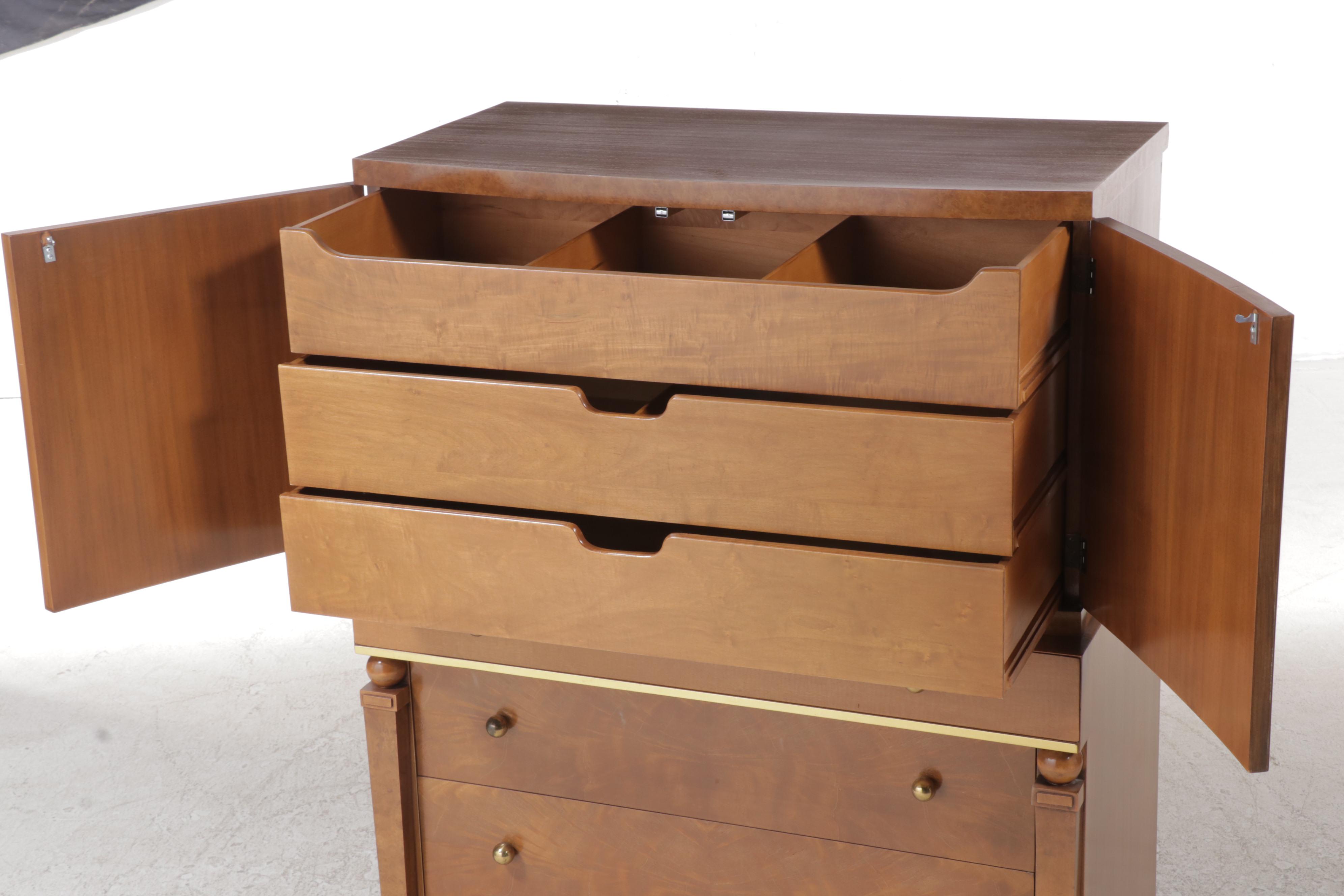 Romweber Empire Style Mahogany, Maple, and Burlwood Seven-Drawer Chest