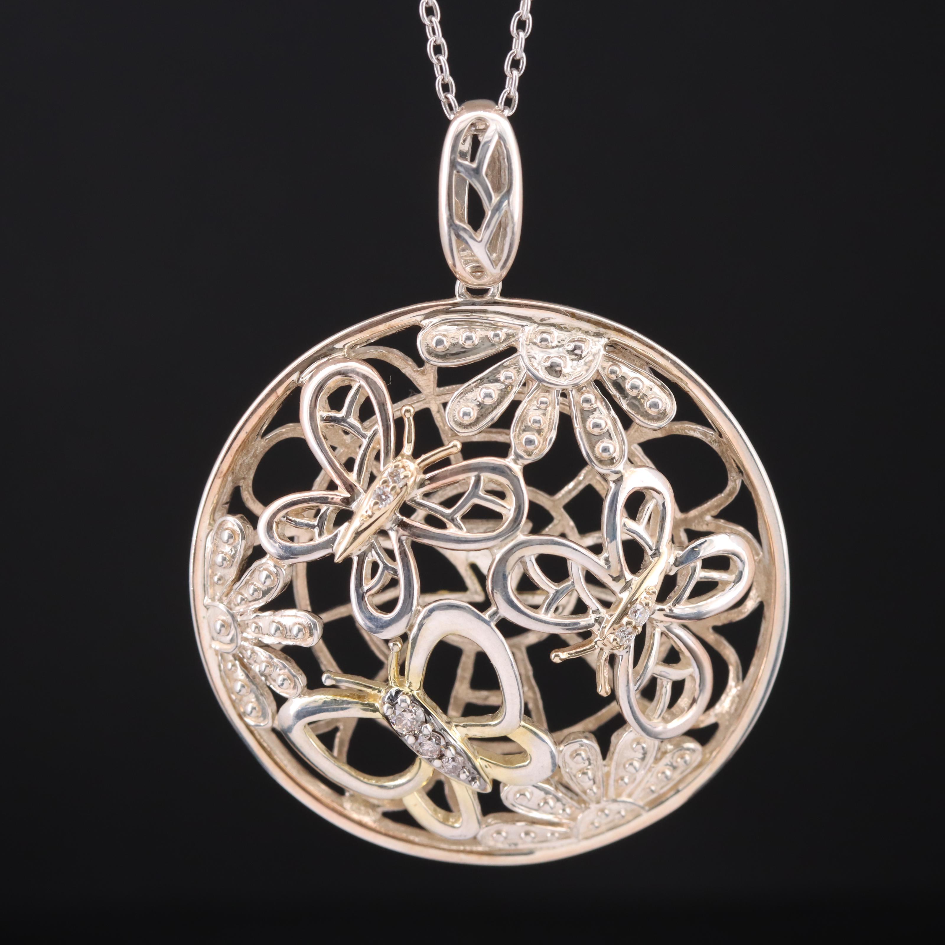 Le Vian Sterling Diamond Butterfly Pendant with 14K Accents on Sterling Chain