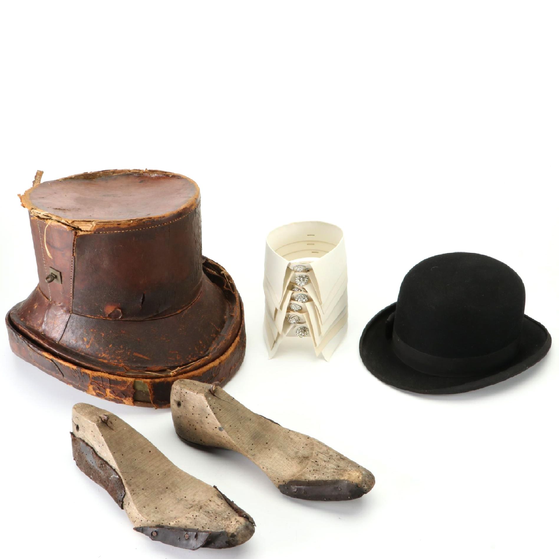 Hummingbird Bowler Hat, Leather Top Hat Case, Shoe Lasts and Rhinestone Buttons