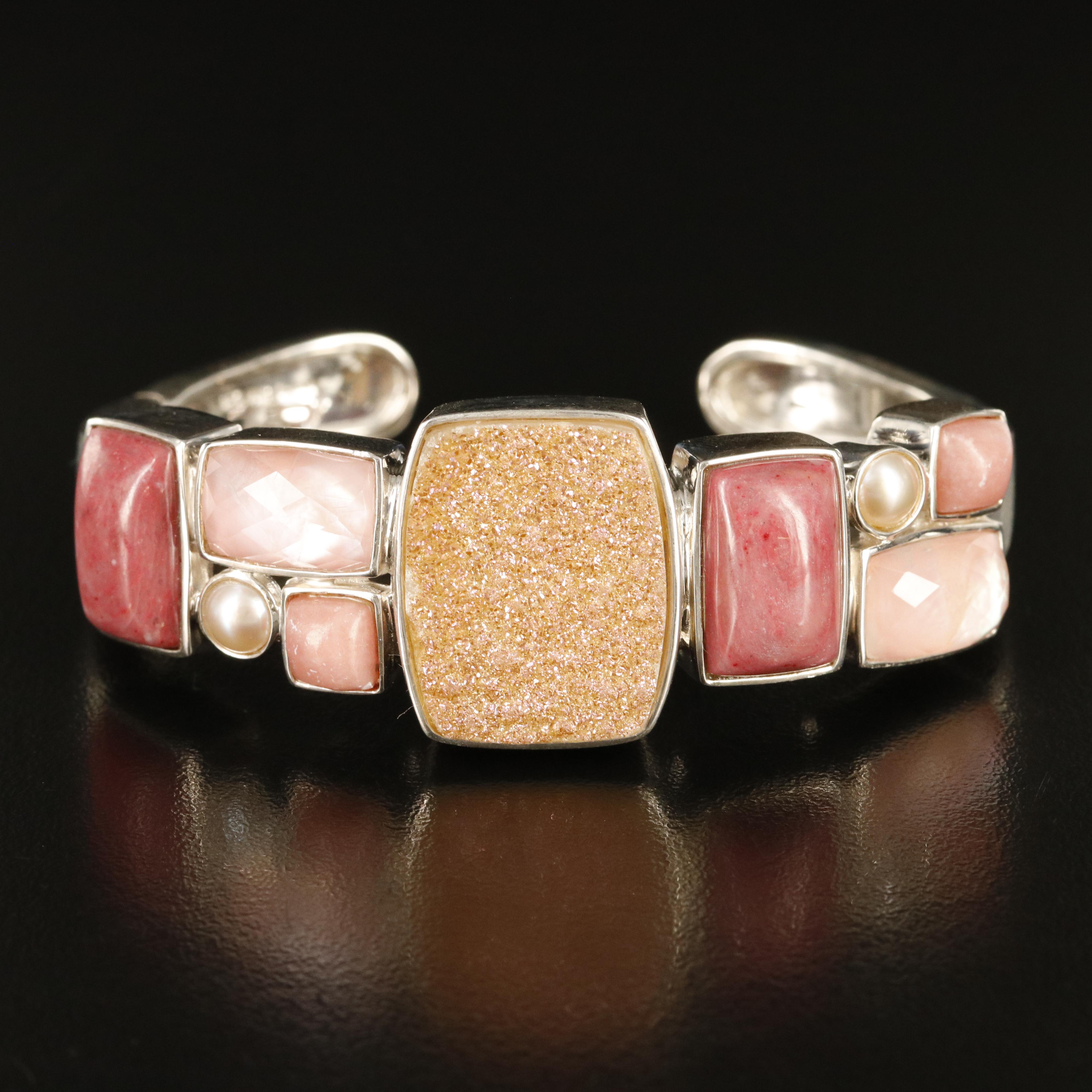 Sterling Druzy, Rhodonite and Mother-of-Pearl Kick Cuff