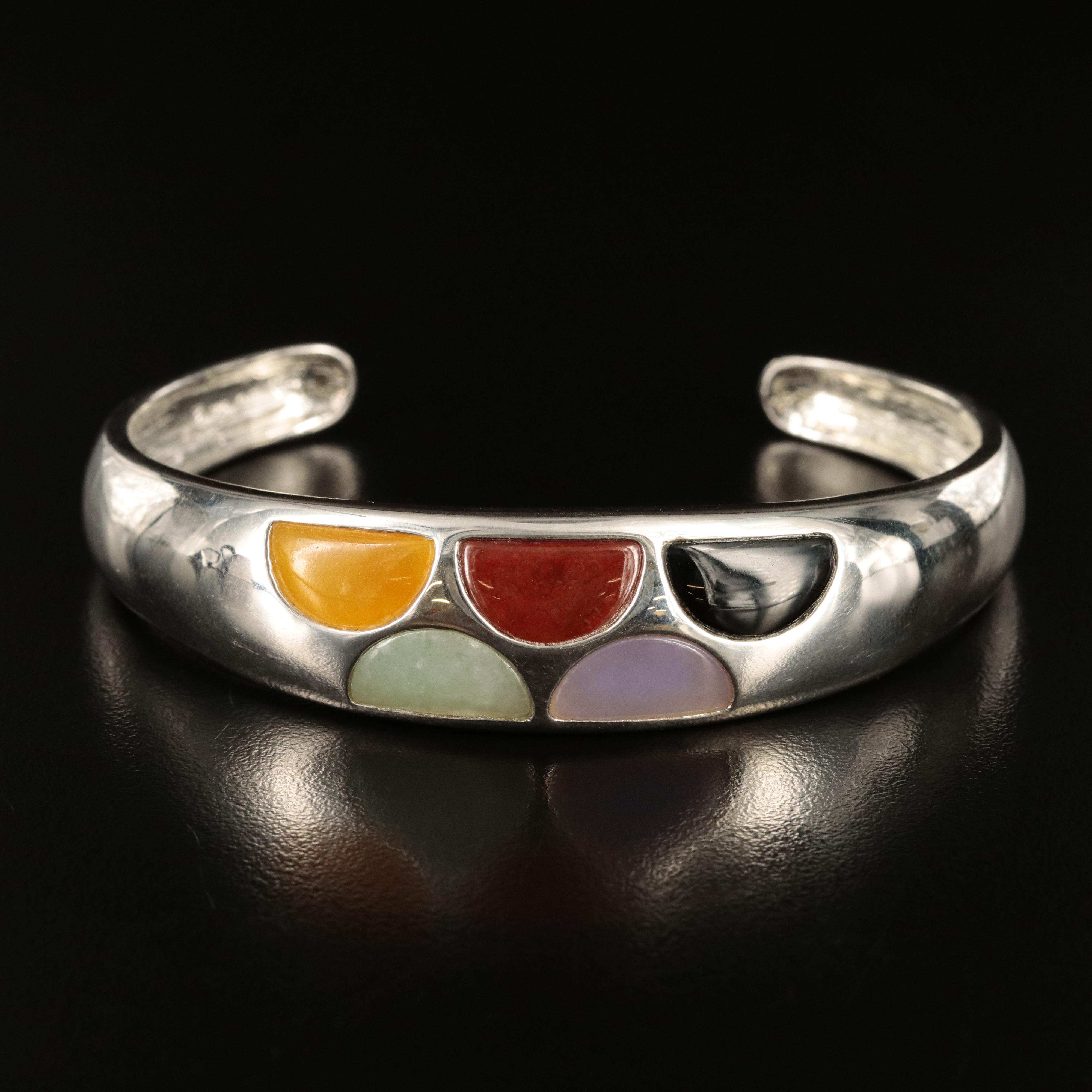 Sterling Jadeite, Jasper and Black Onyx Tapered Cuff