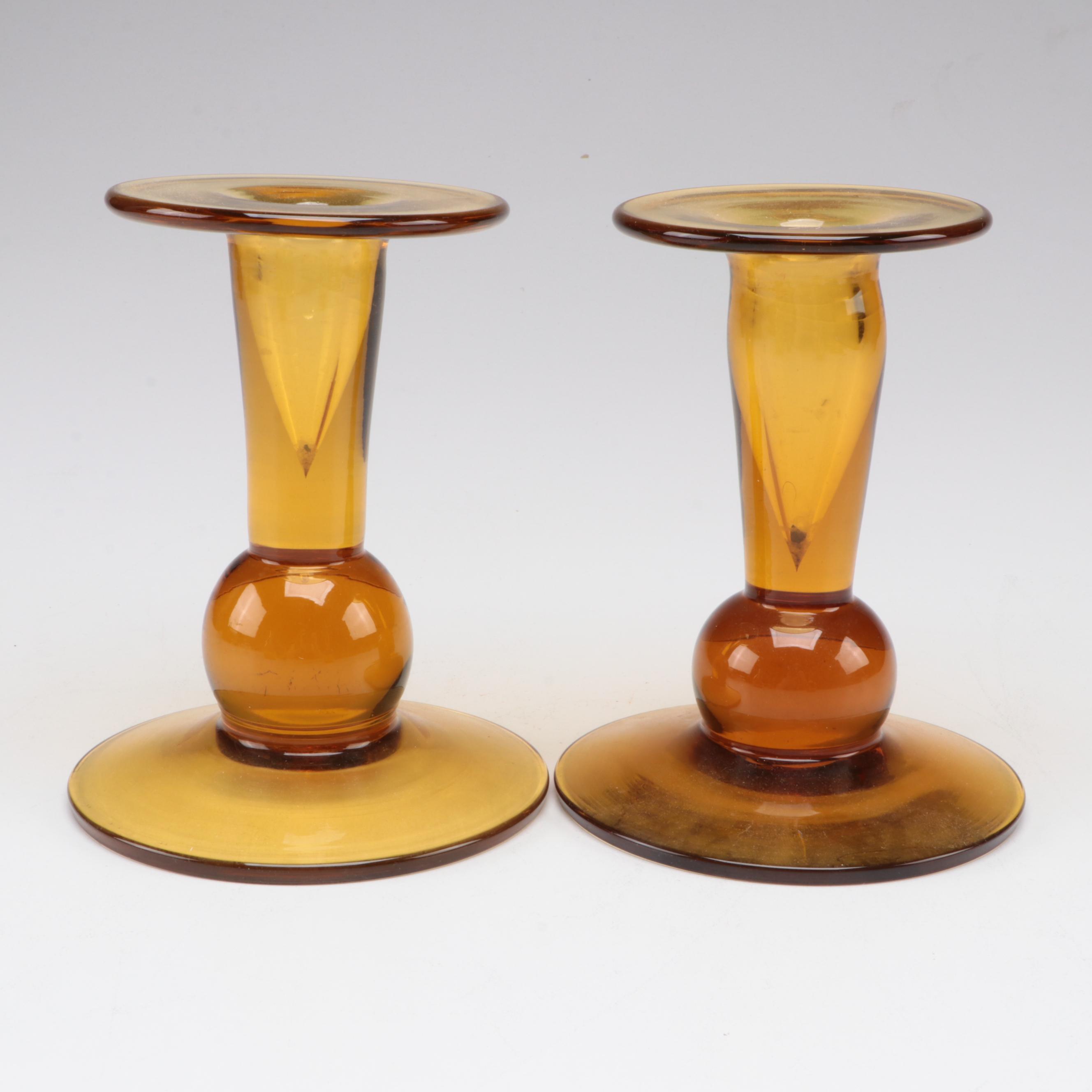 Mid Century Modern Style Amber Glass Candlesticks and Vases, Mid to Late 20th C.