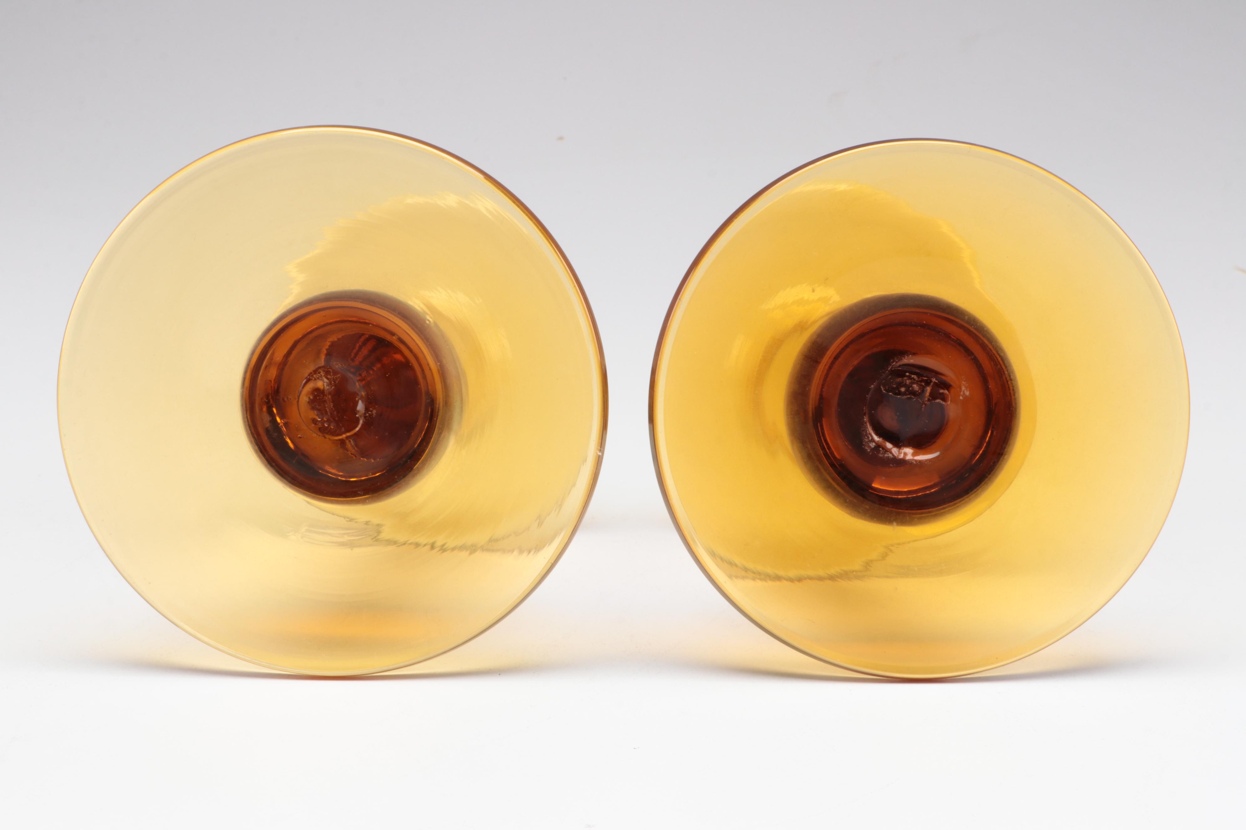 Mid Century Modern Style Amber Glass Candlesticks and Vases, Mid to Late 20th C.