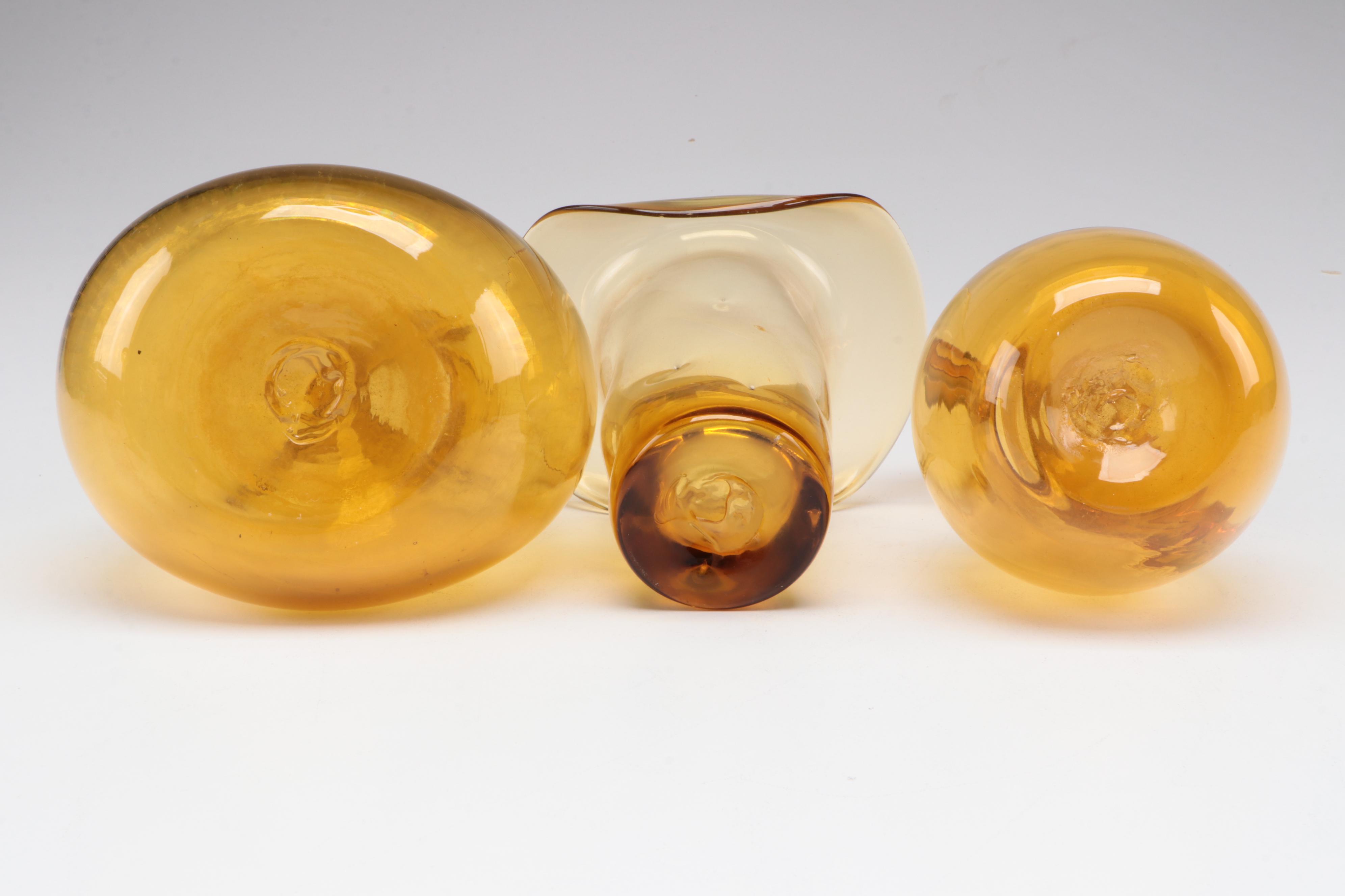 Mid Century Modern Style Amber Glass Candlesticks and Vases, Mid to Late 20th C.