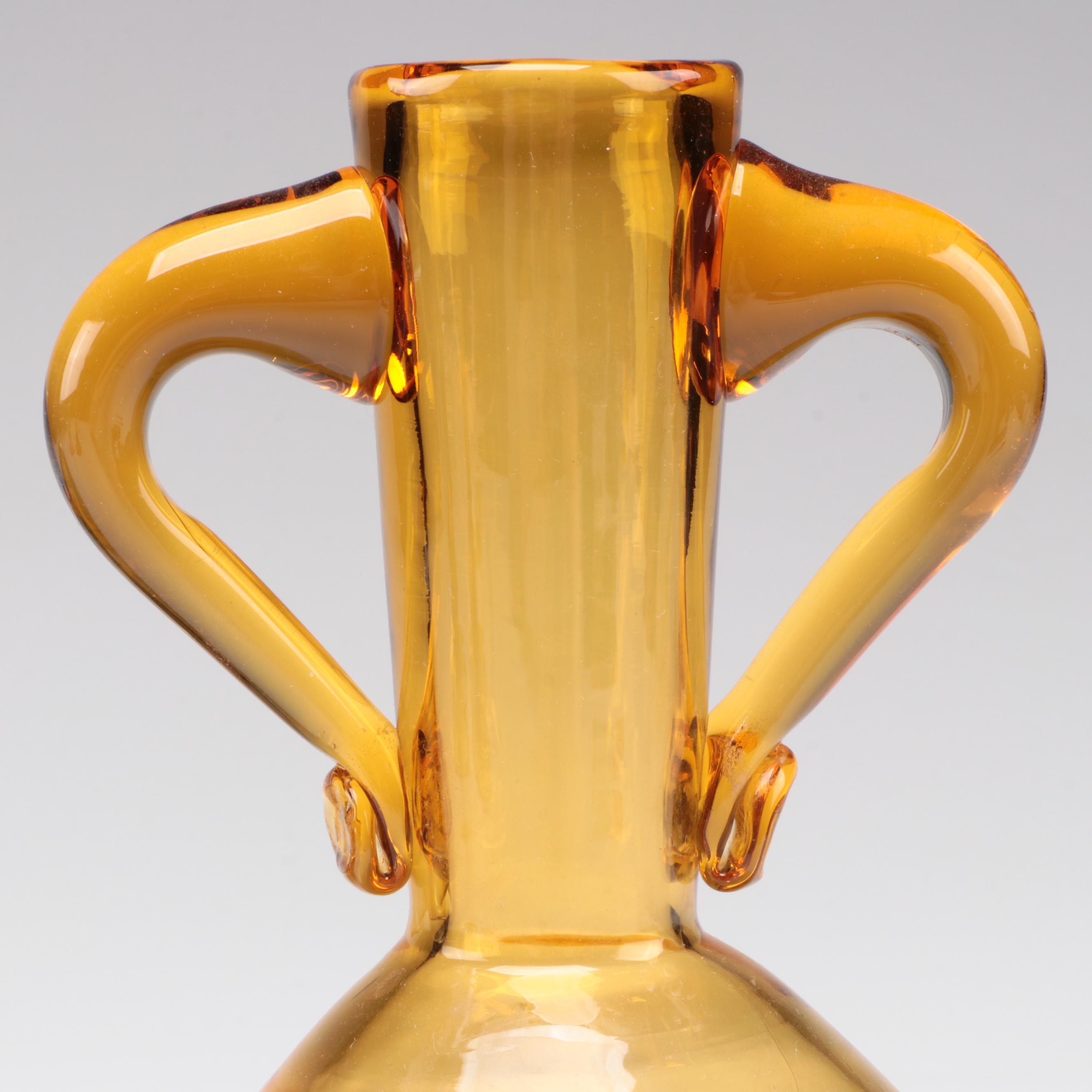 Mid Century Modern Style Amber Glass Candlesticks and Vases, Mid to Late 20th C.