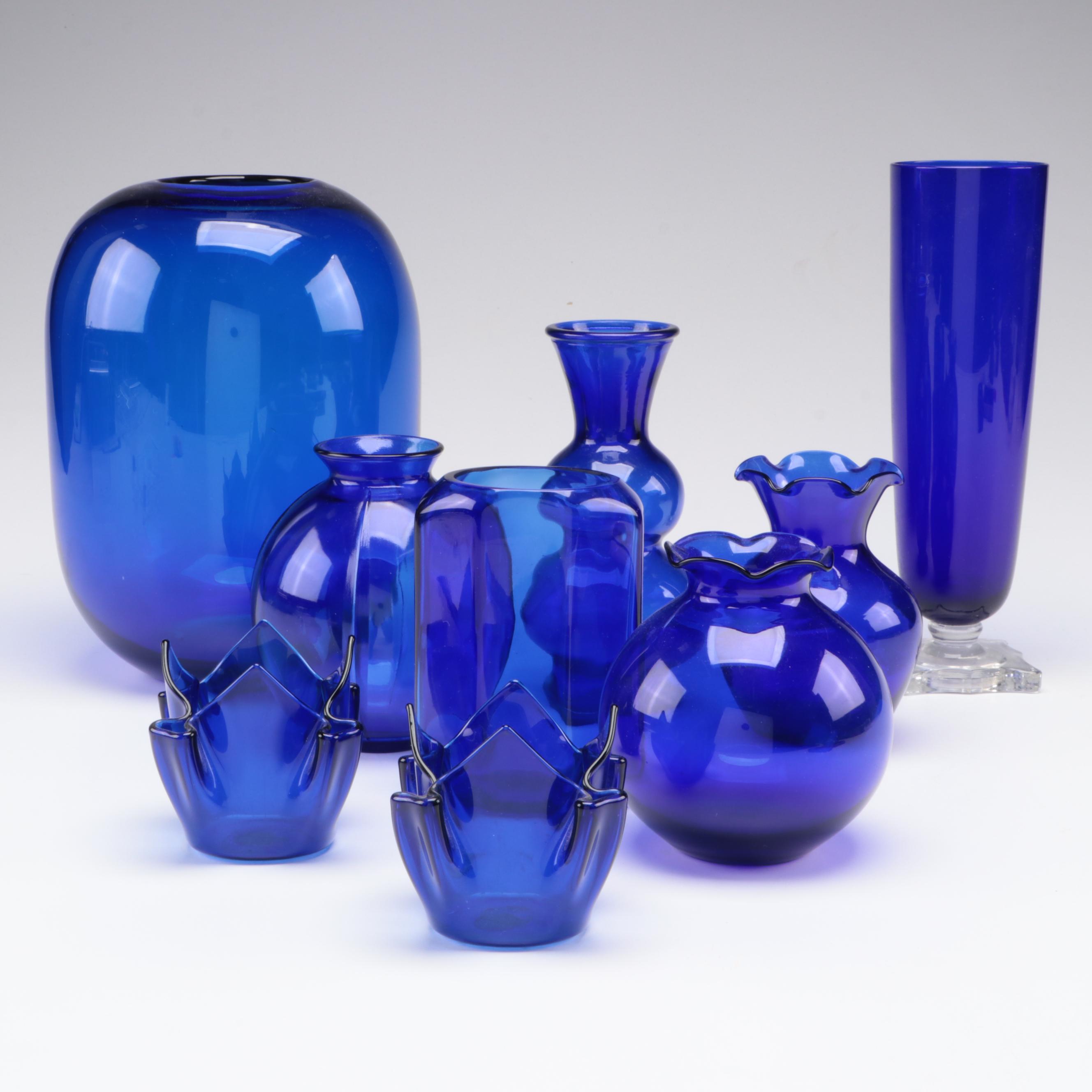 Cobalt Blue Mold Blown Glass Vases and Votive Holders