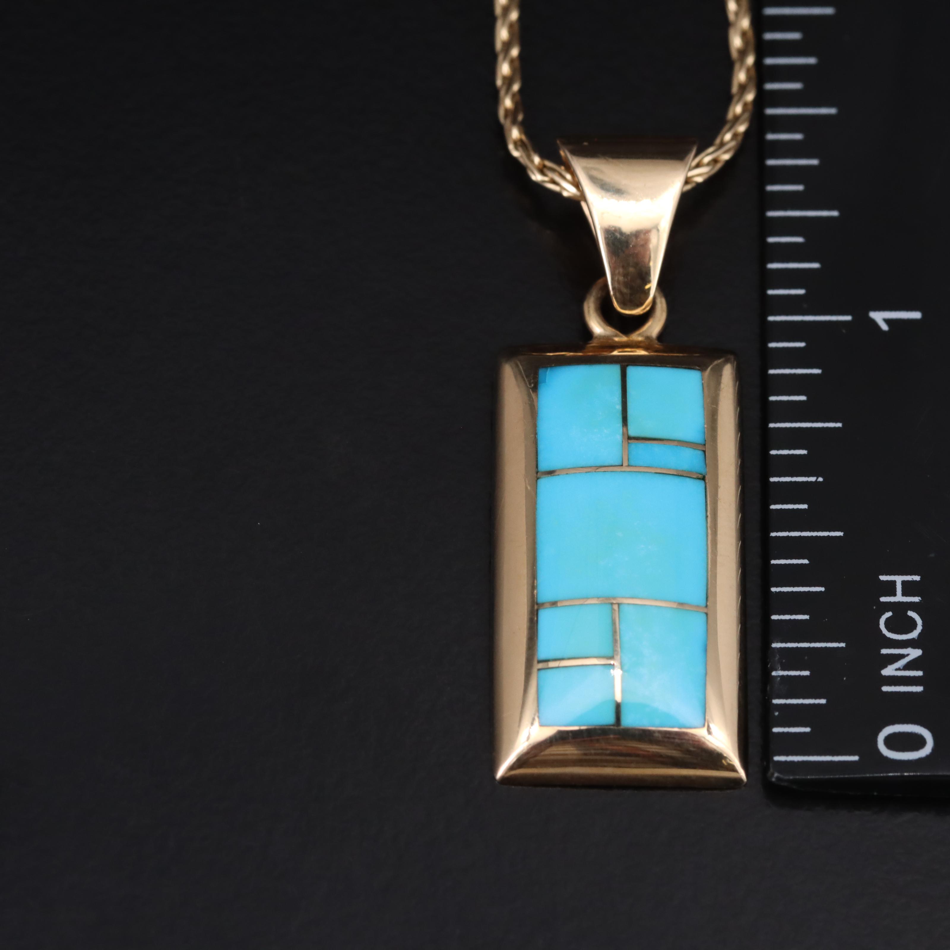 Tème by Navajo Arts & Crafts 14K Turquoise Inlay Pendant Necklace