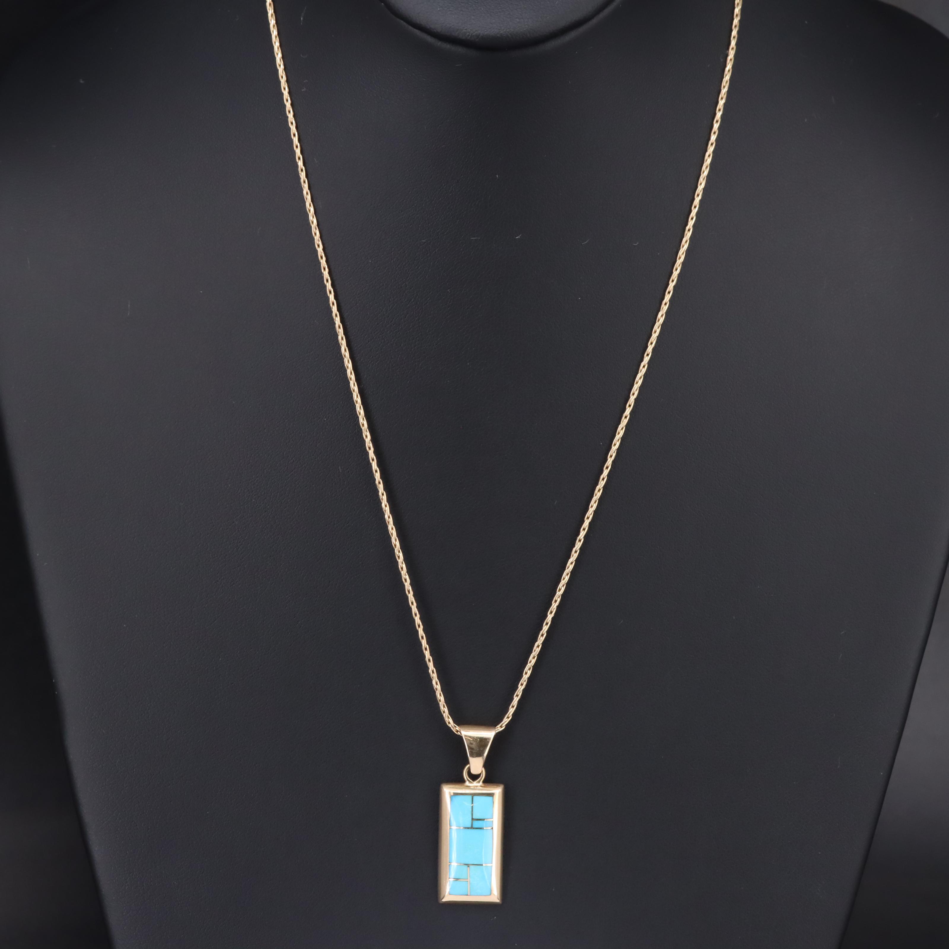 Tème by Navajo Arts & Crafts 14K Turquoise Inlay Pendant Necklace