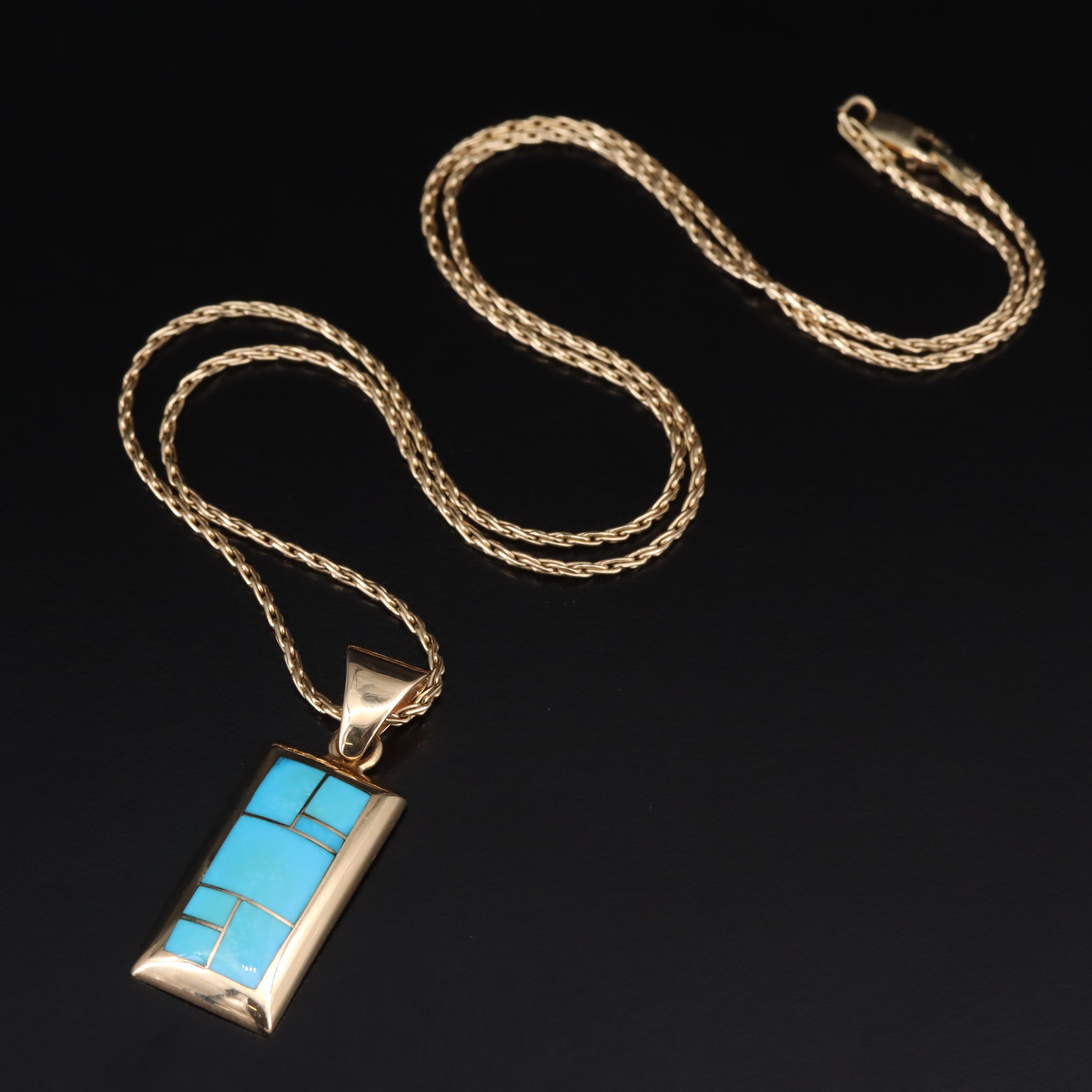 Tème by Navajo Arts & Crafts 14K Turquoise Inlay Pendant Necklace
