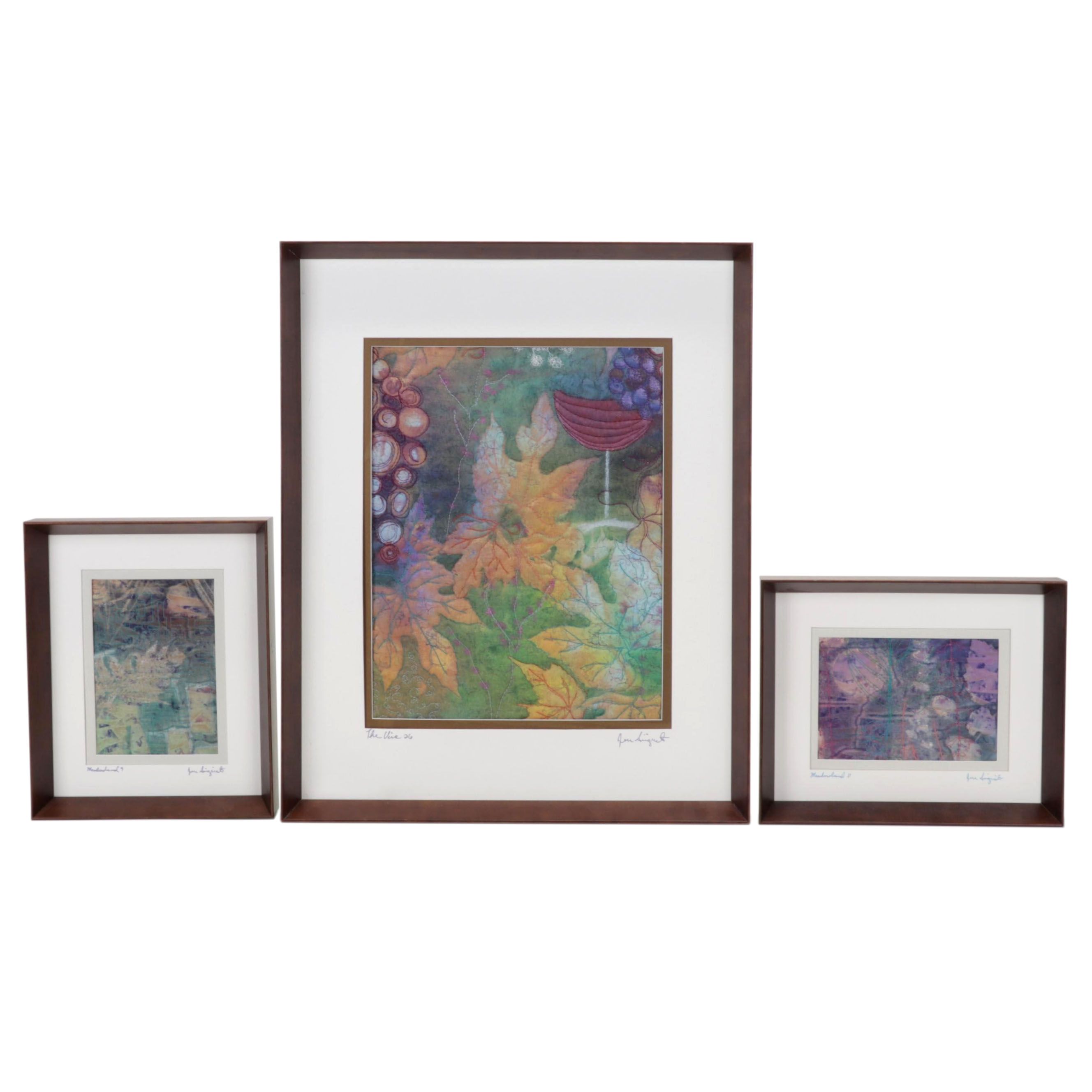 Jen Siegrist Mixed Media Textile Panels "Vine 26" and "Meadowland 9 & 11"