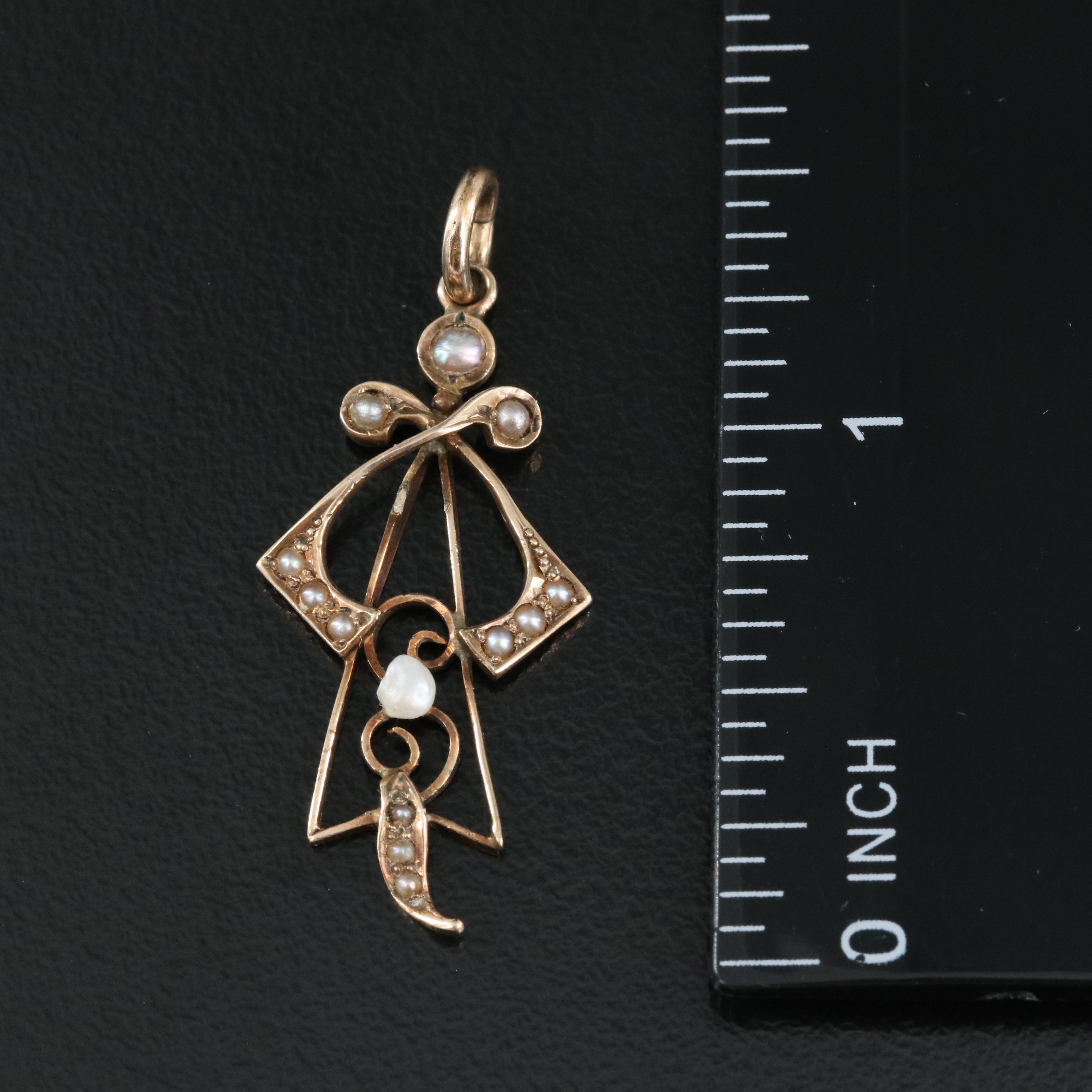Arts and Crafts 10K Rose Gold Seed Pearl Pendant
